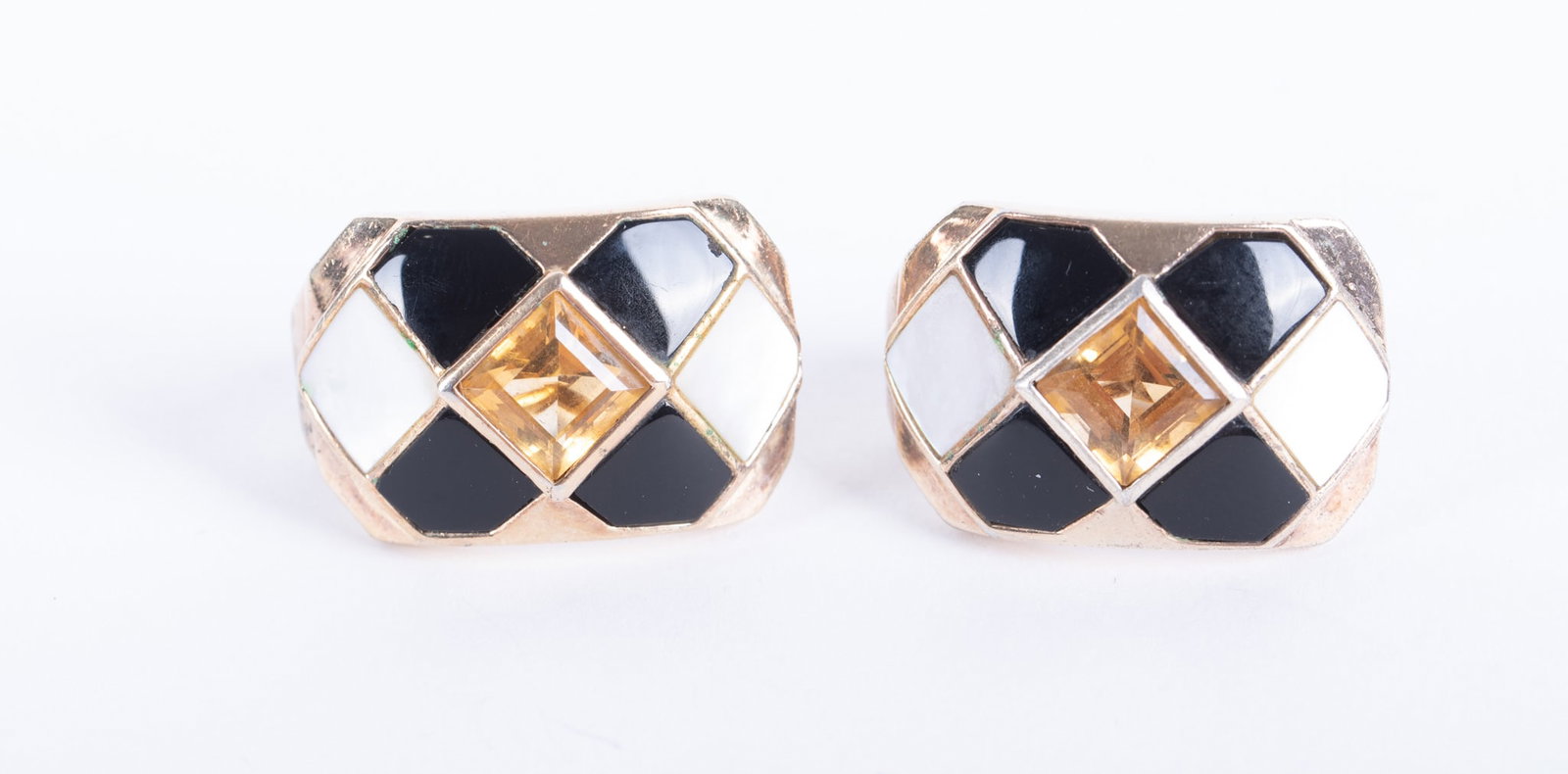 Sterling Silver Vermeil Earings by Kylo: Sterling Silver Vermeil Earings by Kylo These designer earrings are set with citrine and the inlay is onyx & mother of pearl. Gross weight is 20.8g. Earrings measure 26 x 17.50mm.
