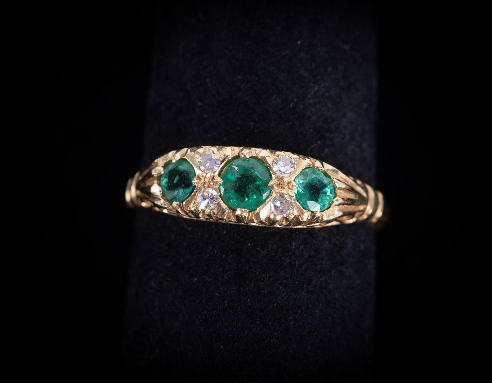 18K Yellow Gold Victorian Brazilian Emerald Band w/Diamonds: 18K Yellow Gold Victorian Brazilian Emerald Band w/Diamonds This sweet little ring has the jewelers mark S&D. It is a size 6 1/2 and weighs 3.2g including stones.