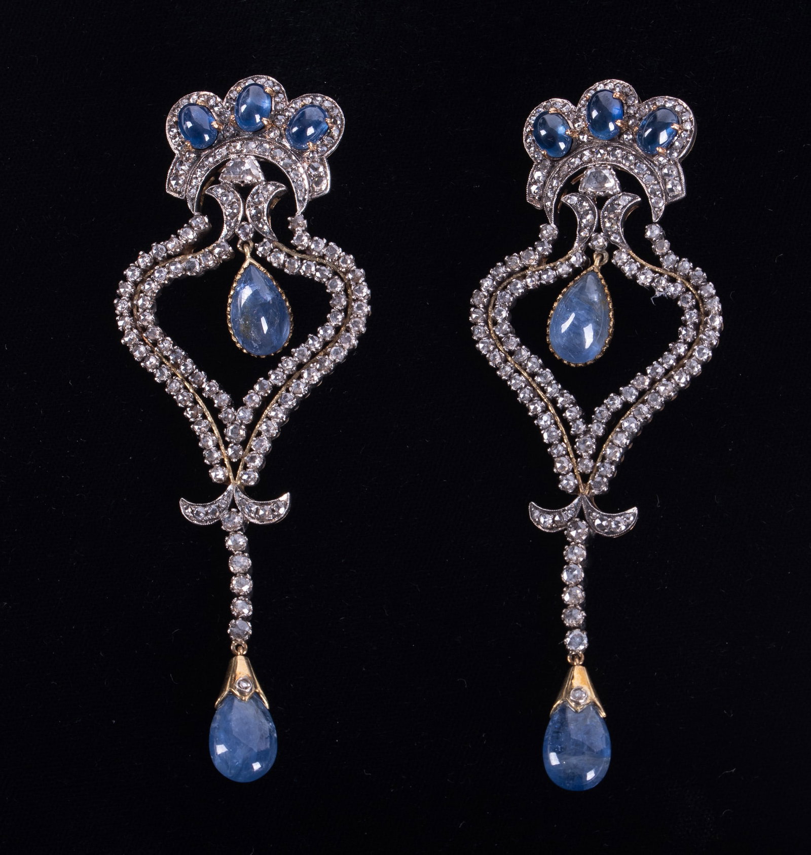Outstanding 10K Gold Earrings with Rose Cut Diamonds & Sapphires: Outstanding 10K Gold Earrings with Rose Cut Diamonds & Sapphires These exceptional chandelier earrings appear to be French from the Belle Epoque period. The rose cut diamonds weigh out at approximatel