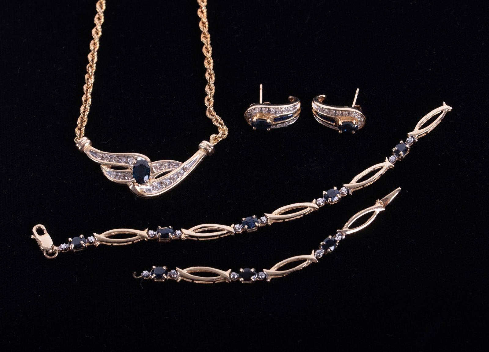 !0K Yellow Gold Diamond & Sapphire Necklace, Earrings & Bracelet (1 of 3)