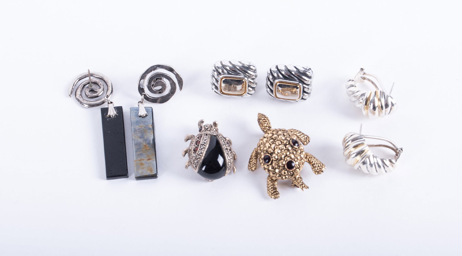 Collection of Five Pieces Jewelry - 3 Sterling Silver & 2 Costume: Collection of Five Pieces Jewelry - 3 Sterling Silver & 2 Costume The lady bug is sterling silver with marcasite, onyx and garnet. The sterling shrimp style earrings have omega backs. The spiral sterl