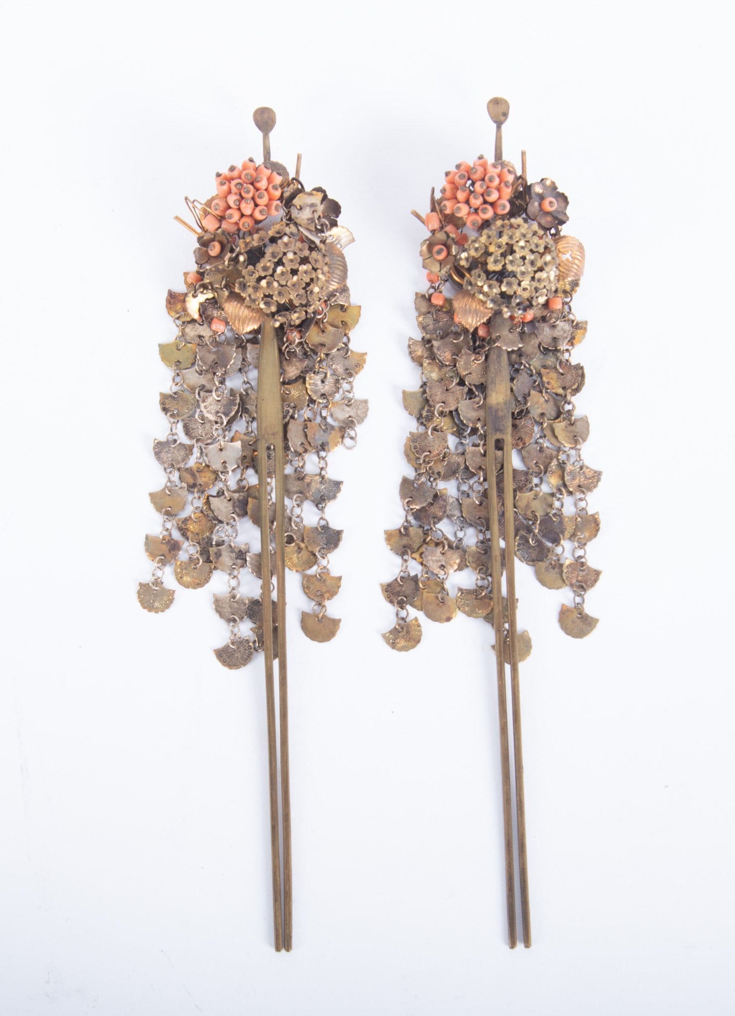 Pair of Elaborate Japanese Brass and Coral Kanzashi Hair Ornaments: Pair of Elaborate Japanese Brass and Coral Kanzashi Hair Ornaments Japan, Meiji period, a good pair of Geisha Kanzashi pins, the long brass chopstick-style pins with elaborate floral bouquets with