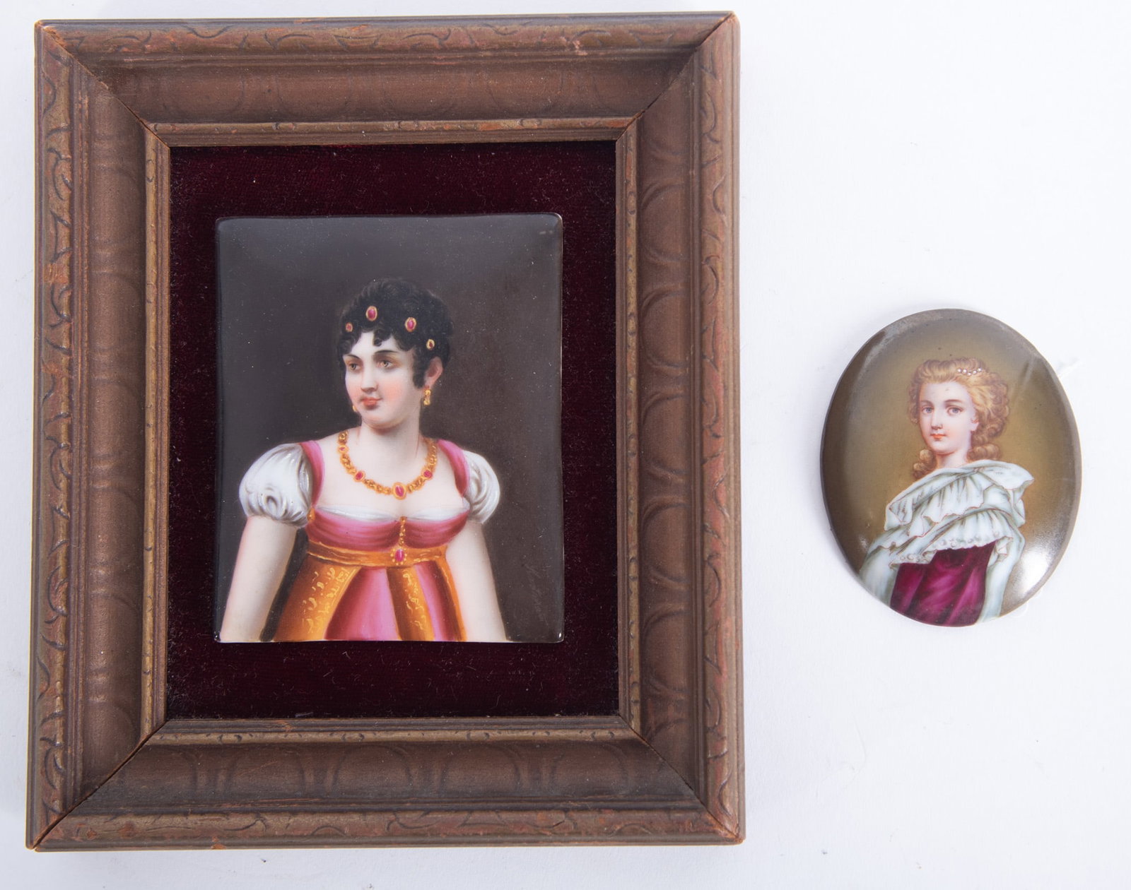 Antique Painted Porcelain "Objet d' Art" Pieces Featuring Female Portraits: Antique Painted Porcelain "Objet d' Art" Pieces Featuring Female Portraits The larger piece measures 3 1/2 x 2 3/4 inches and is framed in a 6 3/4 x 5 1/2 inch wooden frame. The unframed piece measure