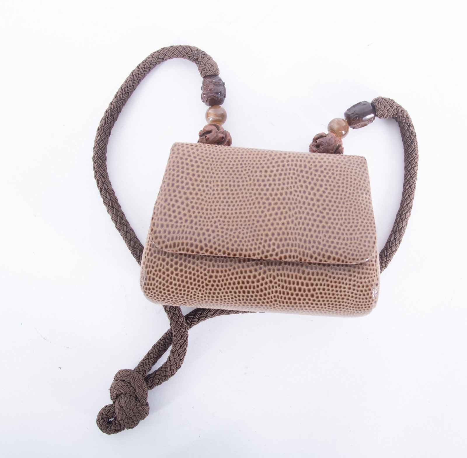 Vintage Rafael Sanchez Snake Print Brown Leather Crossover/Shoulder Bag: Vintage Rafael Sanchez Snake Print Brown Leather Crossover/Shoulder Bag with braided strap and carved stone beads, snap closure. 5 x 6 x 3 inches; excellent condition.