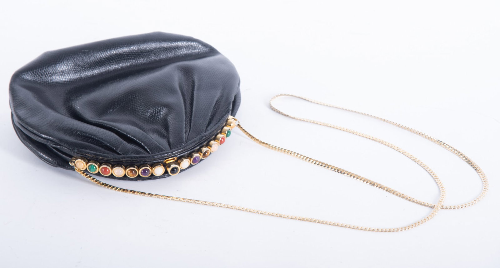 Vintage J. Tiras Black Snakeskin Evening Bag with Semi-Precious Cabochon Stones: Vintage J. Tiras Black Snakeskin Evening Bag with Semi-Precious Cabochon Stones this evening bag has a row of fifteen semi-precious cabochon stones along top closing that include Tiger's Eye, Malachit