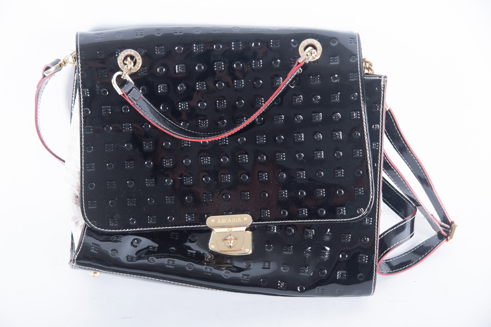 Arcadia Italian Designer Genuine Patent Leather Satchel, Made in Italy: Arcadia Italian Designer Genuine Patent Leather Satchel, Made in Italy a large bag with patterned patent leather and white textured leather sides, with detachable shoulder strap, brass hardware, size 