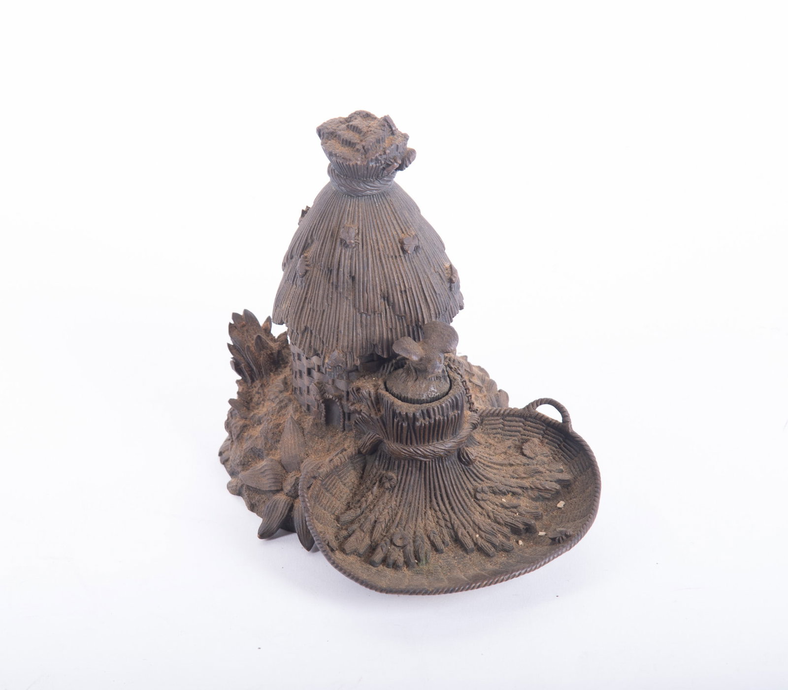 An Antique French Bronze Beehive Inkwell: An Antique French Bronze Beehive Inkwell Of Freemasonry style, the beehive opens to reveal the ink pot, besides a woven basket with wheat sheaths supporting a bird's nest. 6 1/4 x 6 3/4 inches