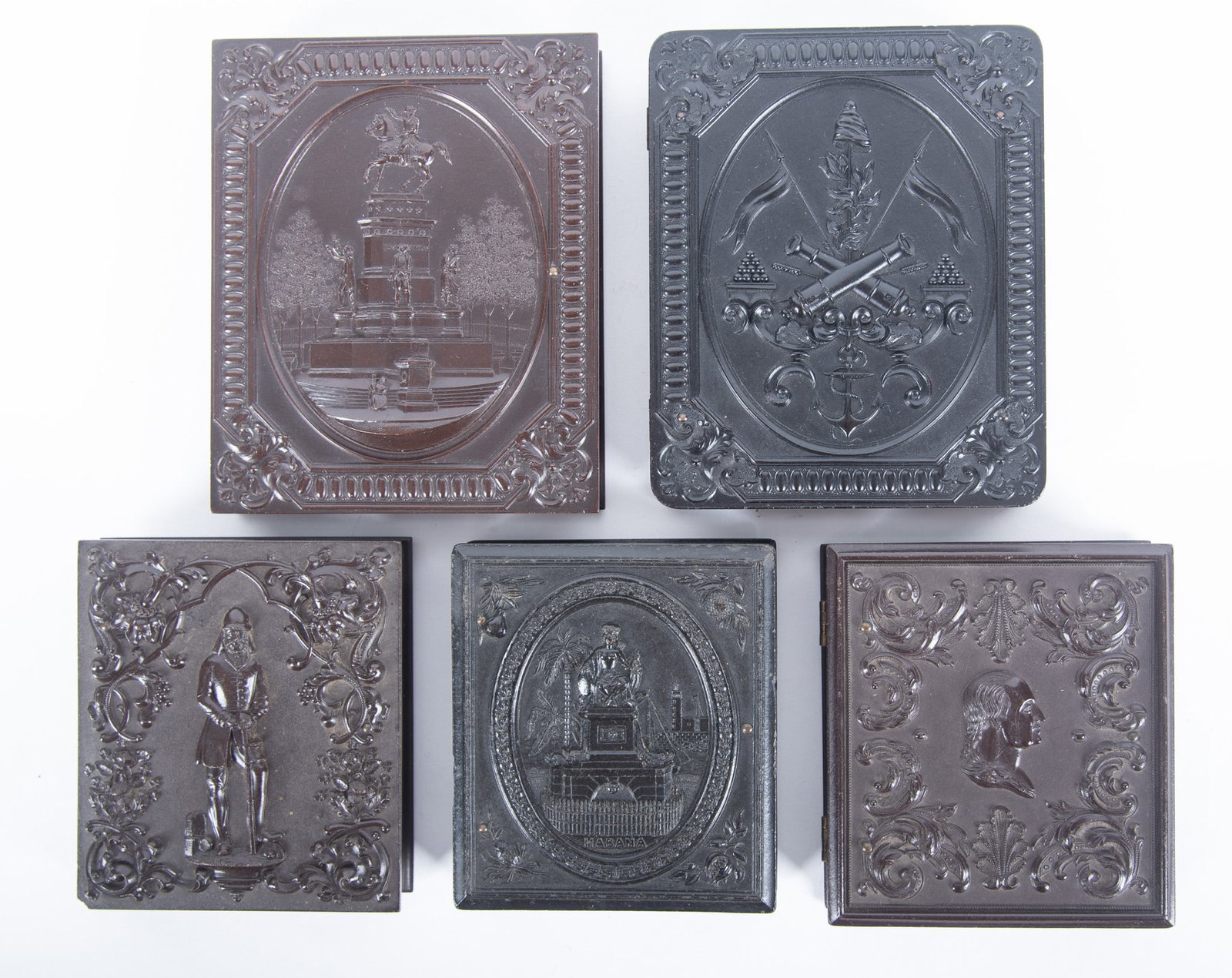 A Grouping of Two Quarter Plate and Three Sixth Plate Union Cases (1 of 6)