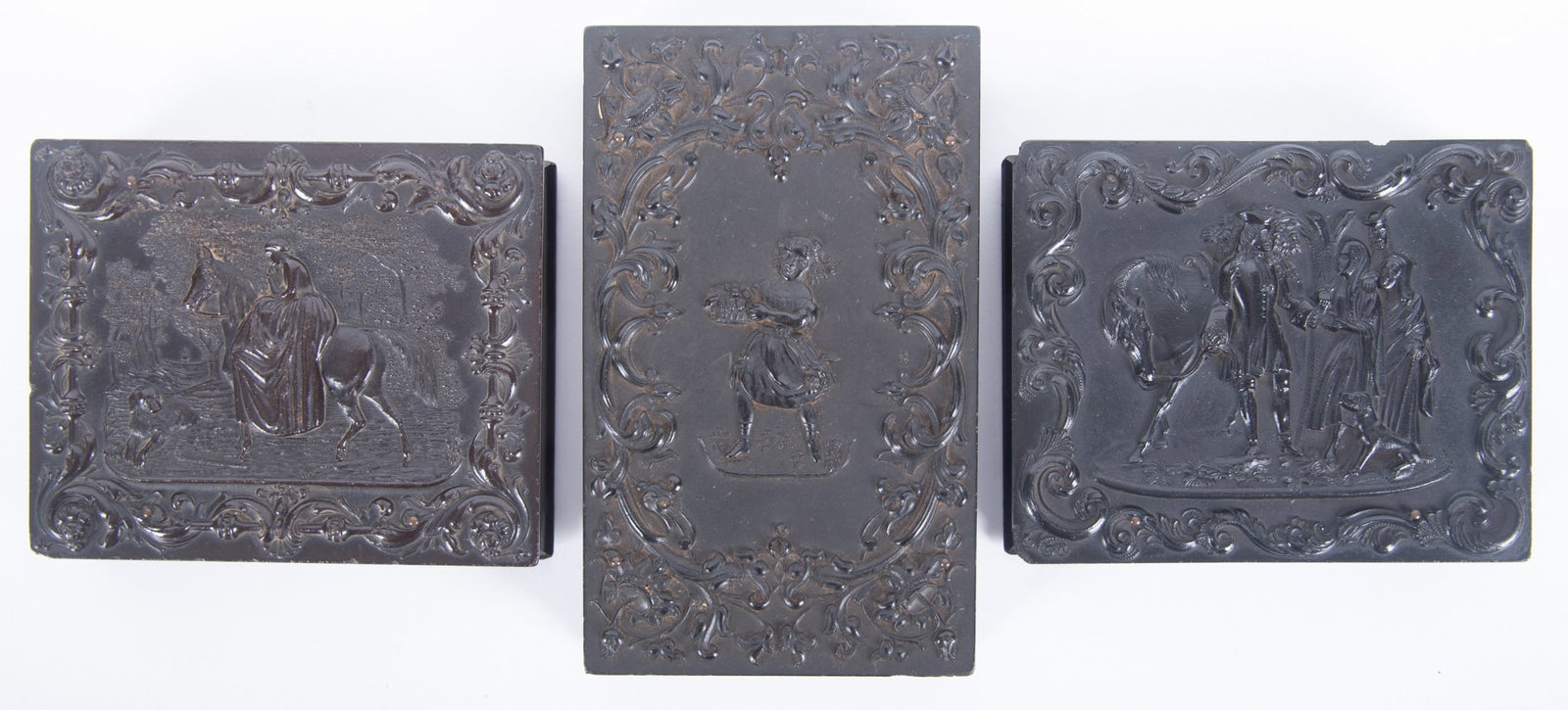 A Grouping of Quarter Plate and Double Sixth Plate Union Cases (Three): A Grouping of Quarter Plate and Double Sixth Plate Union Cases (Three) "Sir Roger deCoverly and the Gypsies," A.P. Critchlow and Company, with a daguerreotype of two women (Krainik-29) scarce; "Alone 