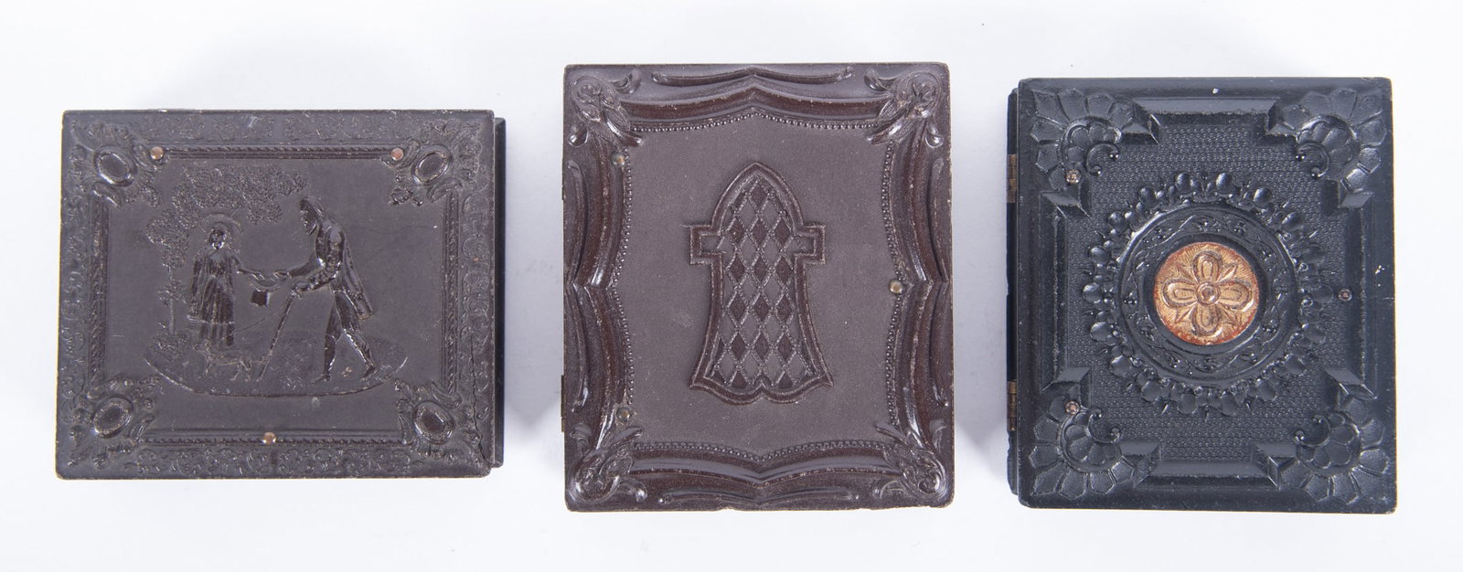 Three Ninth Plate Union Cases: Three Ninth Plate Union Cases "The Blind Beggar," Littlefield, Parsons and Company, with a tintype of a farmhouse (Krainik-388) scarce; "The Church Window," A.P. Critchlow and Company, with two daguer