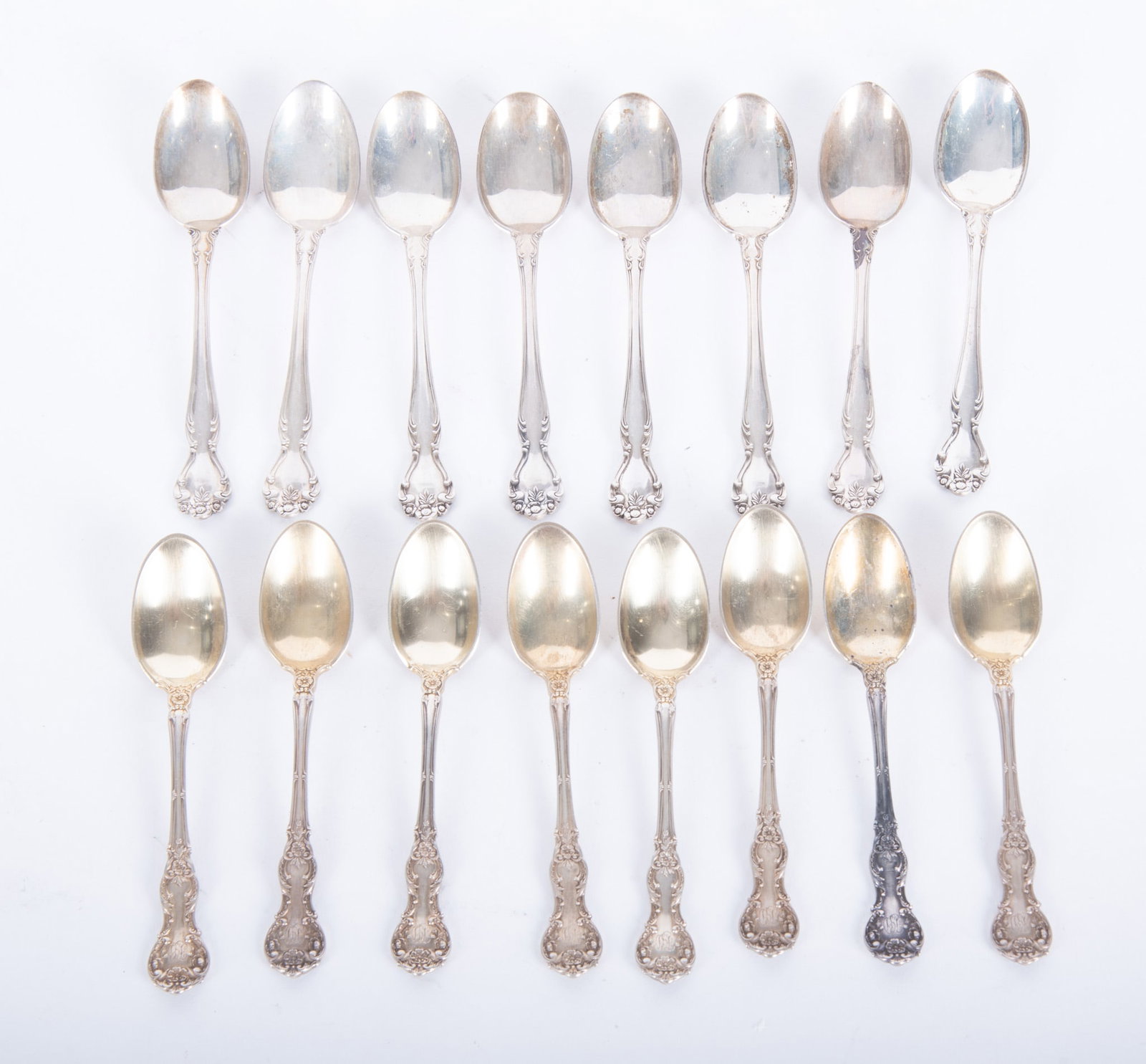 Two Sets of Eight Gorham Sterling Silver Demitasse Spoons: Two Sets of Eight Gorham Sterling Silver Demitasse Spoons Providence, the lot consists of 8 demitasse spoons in 2 different Gorham patterns, 16 total spoons, 5.96 total troy ounces. 4 1/4 and 4 3/8 in