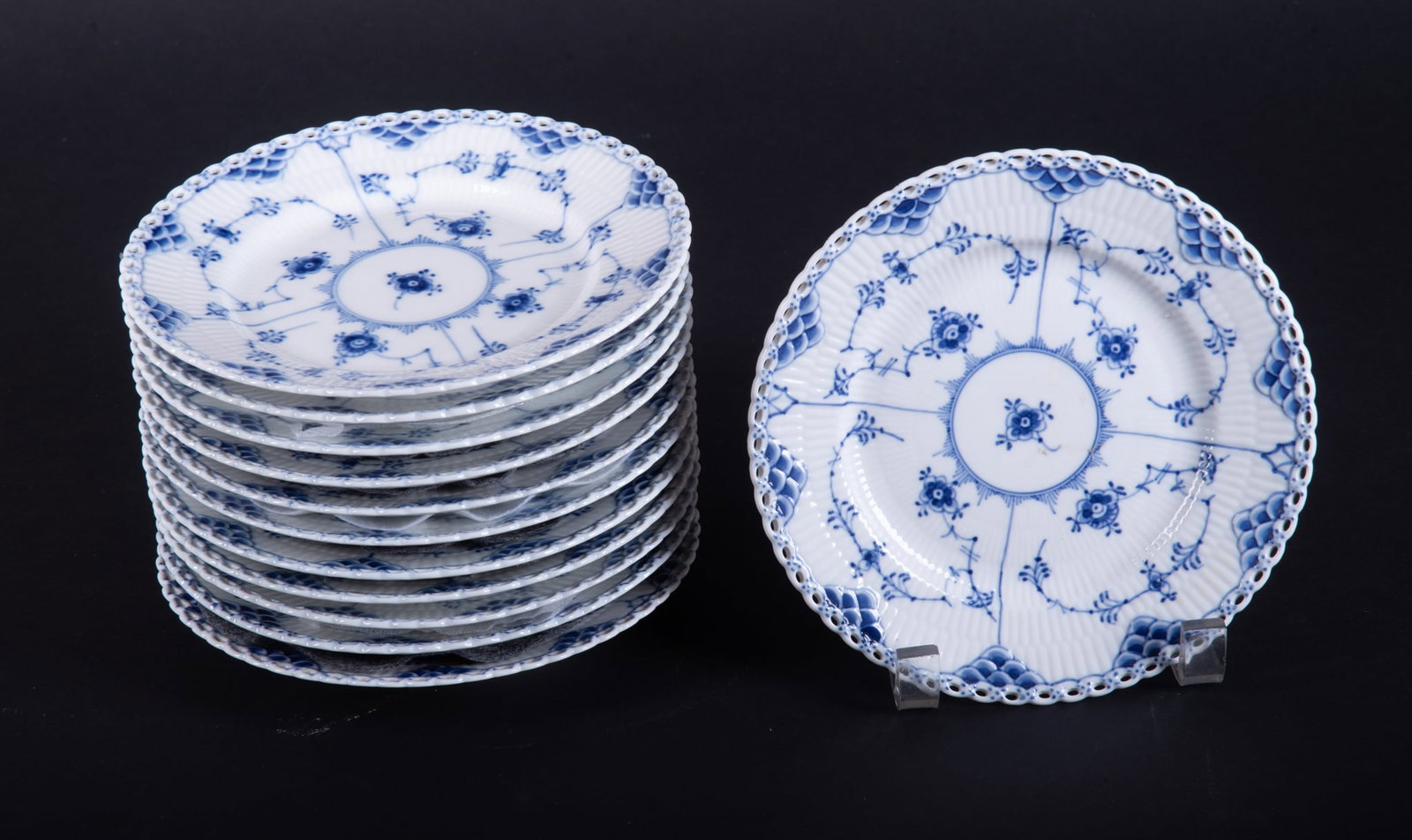 A Collection of Twelve Royal Copenhagen Blue Fluted Full Lace Desert Plates (1 of 3)