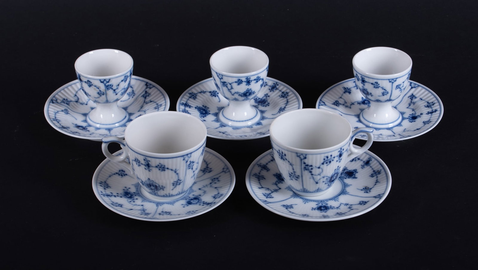 Three Porcelain Egg Cups with Cups and Saucers, Blue Fluted by Royal Copenhagen (1 of 4)