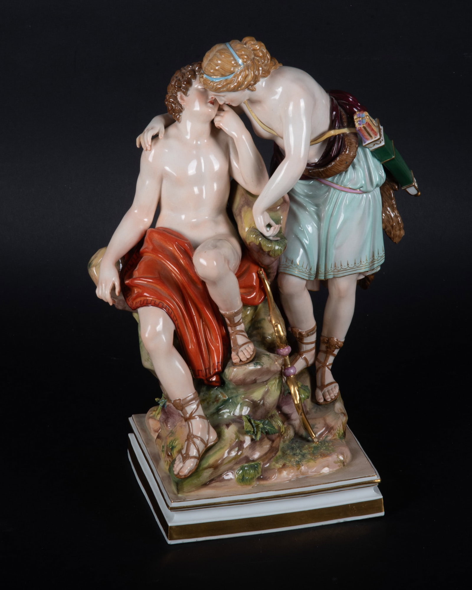 A Meissen Figure Group Of Diana and Endymion: A Meissen Figure Group Of Diana and Endymion Germany, cross-swords Meissen mark, model J.8., PressNumber 143, a late 19th century porcelain of Diana and Endymion, after the model by J.C. Shonheit, emb