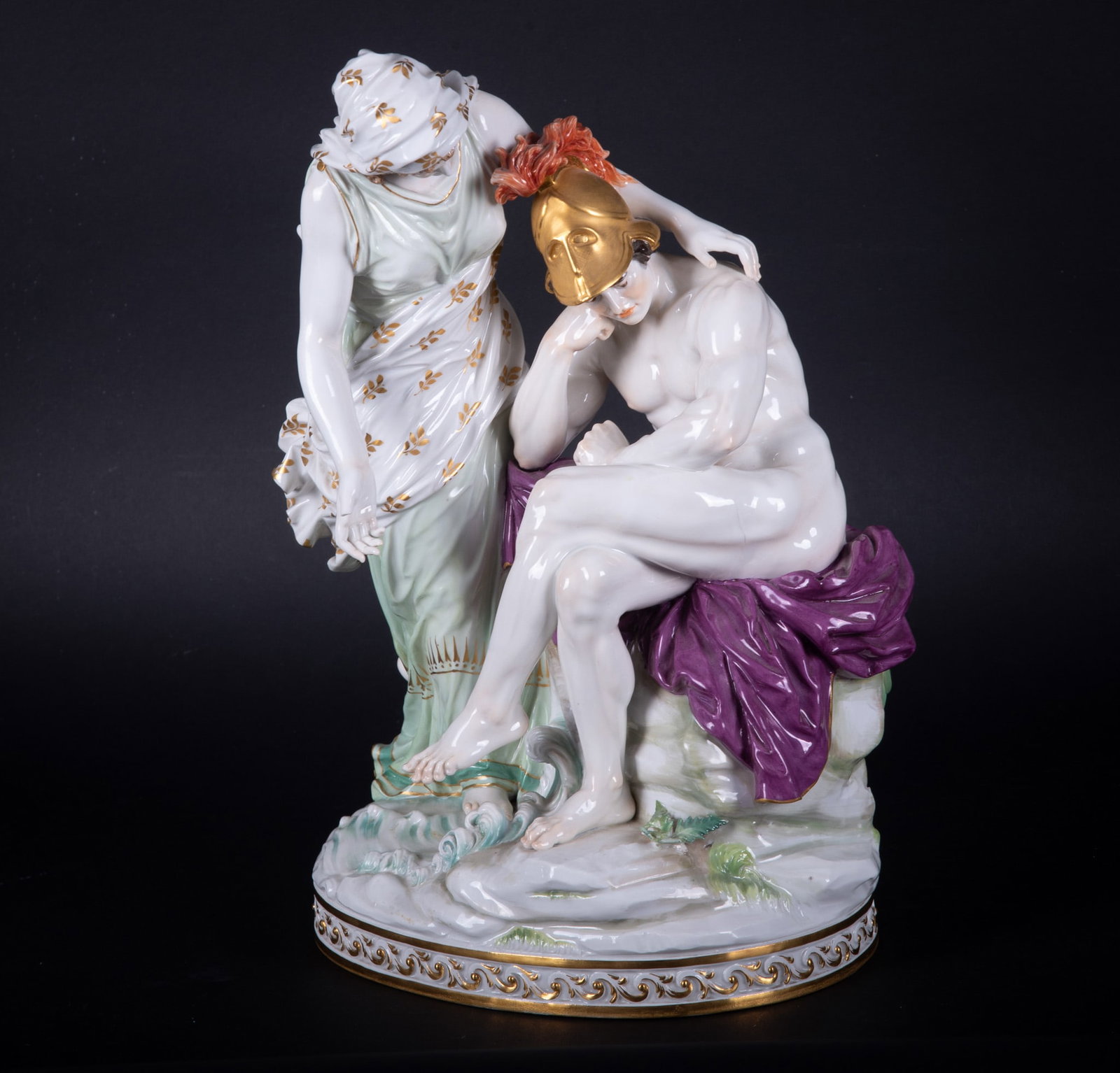 A Meissen Figure Group of Achilles and Thetis: A Meissen Figure Group of Achilles and Thetis Germany, cross-swords Meissen mark, model P143, PressNumber 137, modeled by Emmerich Andresen, circa 1894. A pensive Achilles, the Trojan war hero seated