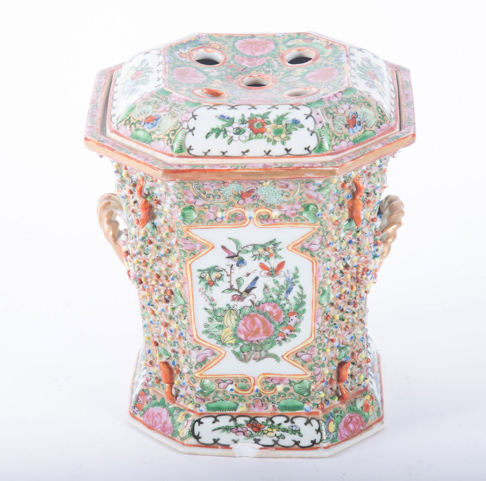 Chinese Famille Rose Bough Pot: Chinese Famille Rose Bough Pot Gilt and polychrome enameled porcelain, decorated on two sides with panels of birds in florals, the canted sides encrusted with relief decoration and with gilt twisted h