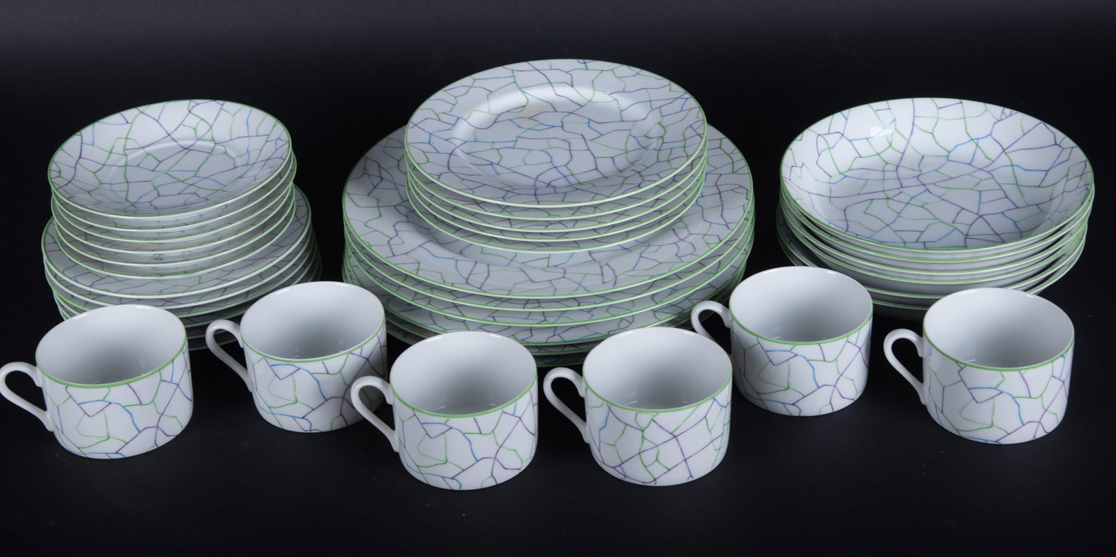 Tiffany Crackle Pattern Porcelain Dinnerware for Six: Tiffany Crackle Pattern Porcelain Dinnerware for Six Salad plates, cups and saucers, bowls, and dinner plates (30 total)