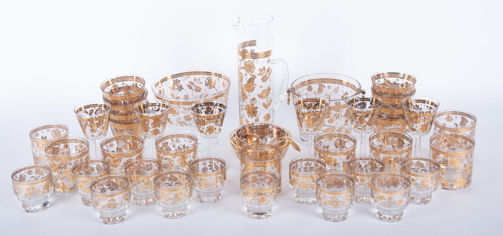 Mid-Century Modern Barware 'Chantilly' by Culver: Mid-Century Modern Barware 'Chantilly' by Culver Large collection of mid-century modern barware in 'Chantilly' pattern by Culver. A small ice bucket, a small compote, three nut bowls, a spoon, a tall