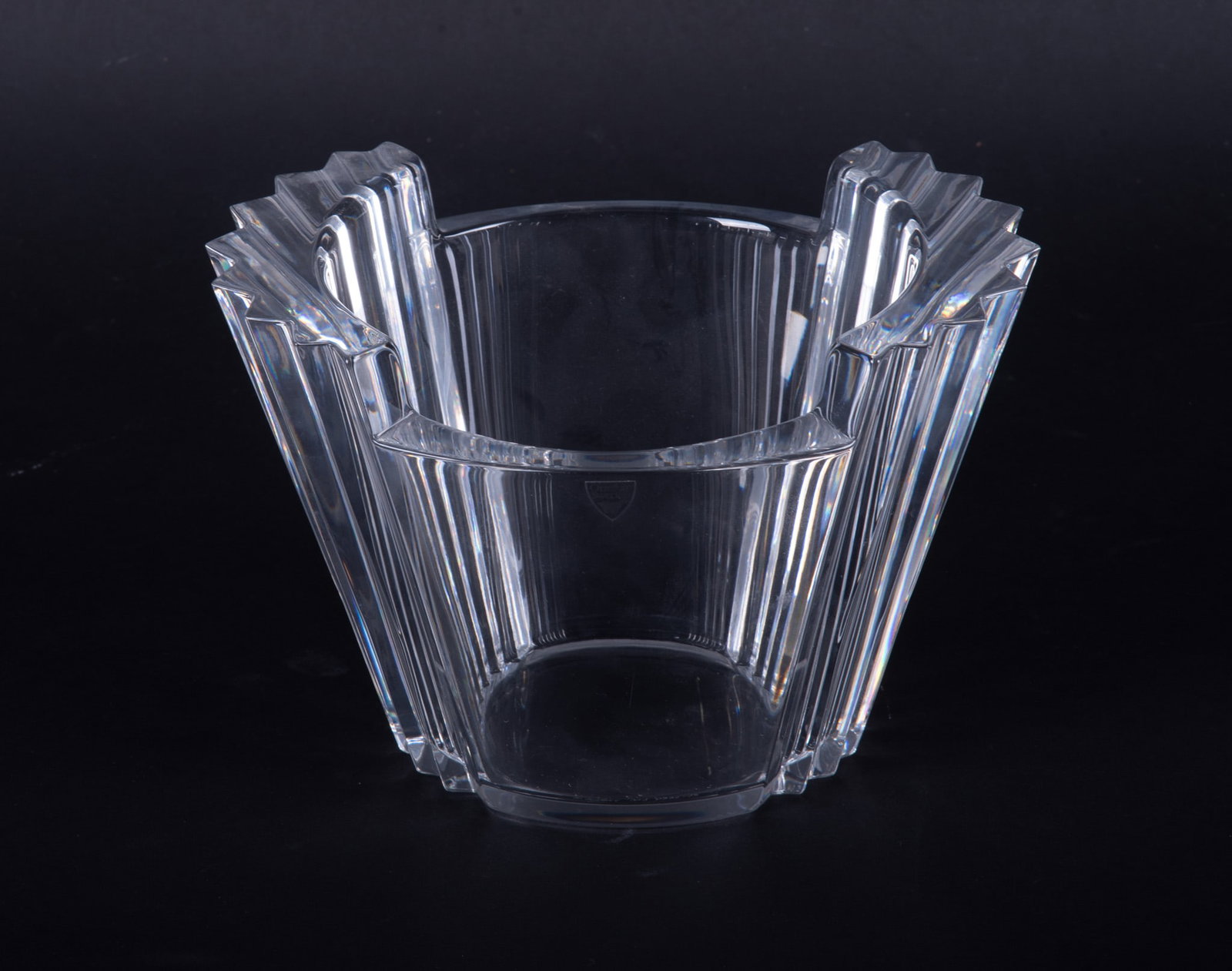A Contemporary Orrefors Crystal Ice Bucket: A Contemporary Orrefors Crystal Ice Bucket Sweden, a mid-century modern design ribbed-end bucket. Signed to base. 5 3/4 x 8 1/2 inches