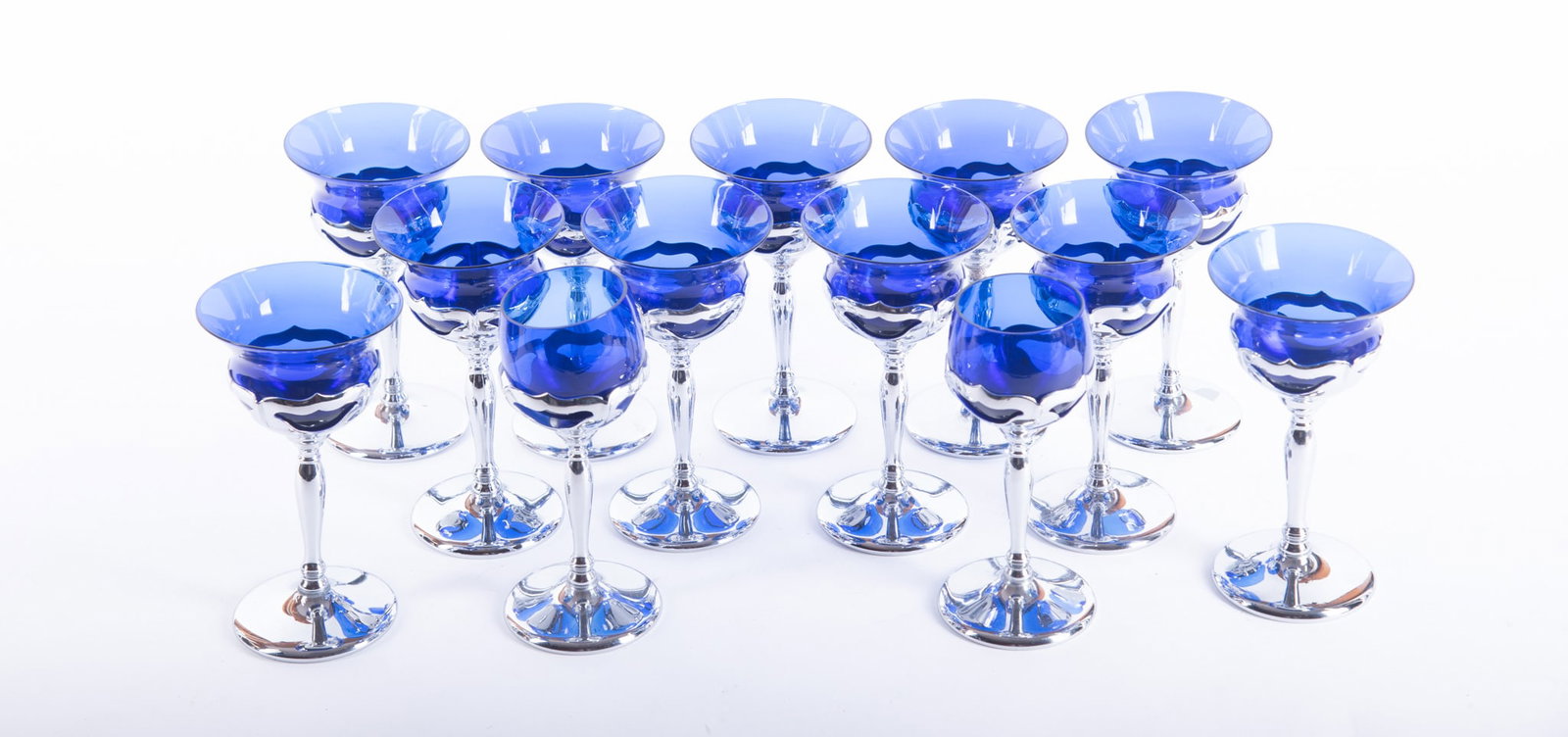 Thirteen Art Deco Cambridge and Farber Brothers Cobalt and Chrome Wine Glasses (1 of 4)