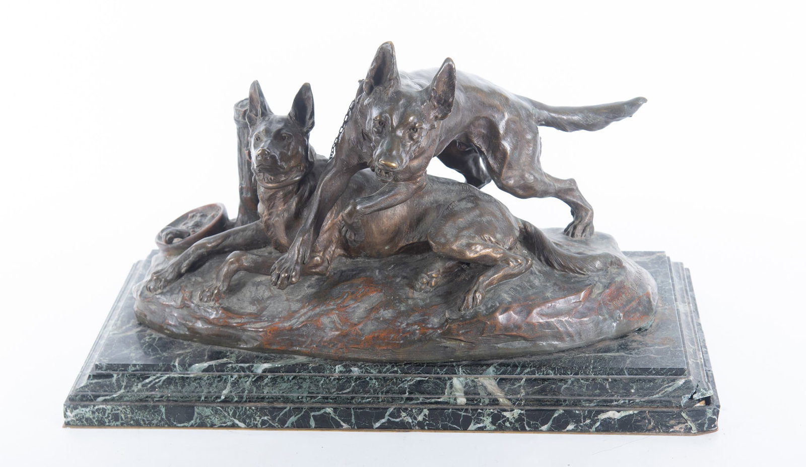 Rene Andre Varnier, French 19th-20th C, Two Chained Shepherd Dogs, patinated bronze (1 of 5)