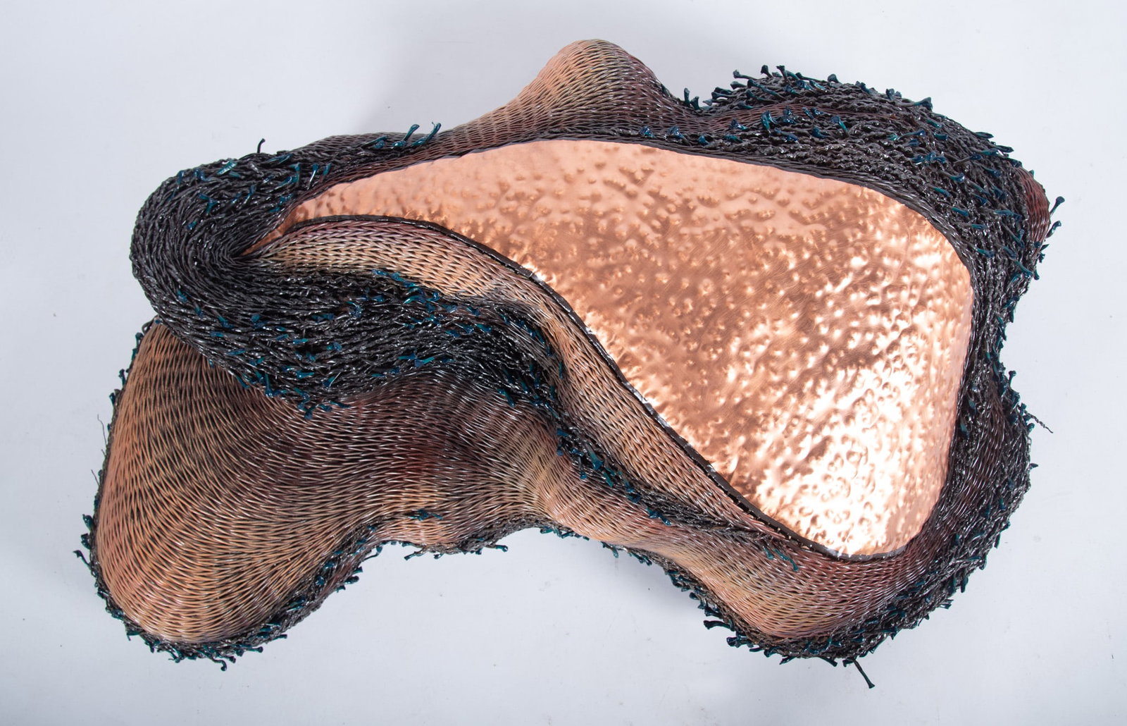 Sally J. Bright, 20th Century, Contemporary Woven Fiber Art Wall Sculpture, 2011, painted natural: Sally J. Bright 20th Century Contemporary Woven Fiber Art Wall Sculpture, 2011 painted natural wicker and copper signed and dated on the reverse 46 x 25 x 12 inches