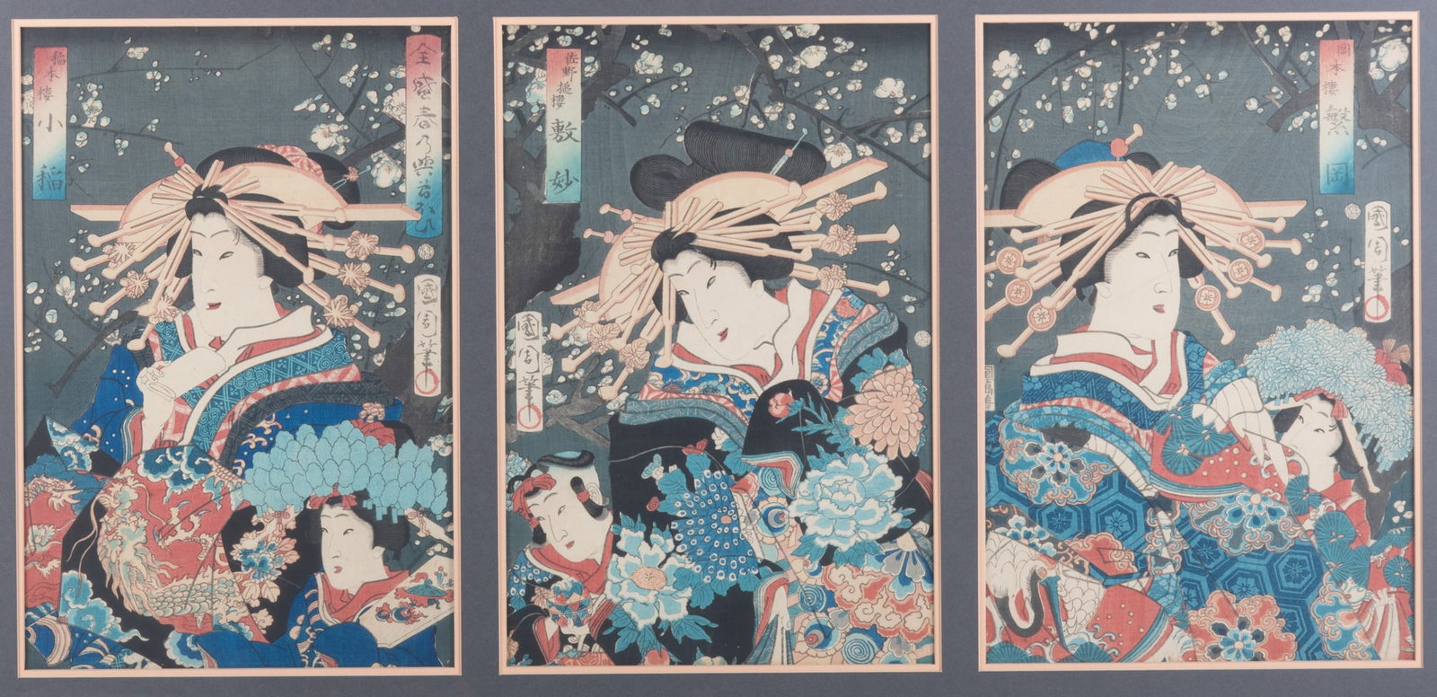 Utagawa Kunisada, Japan (1786-1864), From: Hana Kurabe Kuruwa Yozakura, three scenes of Oiran, (1 of 4)