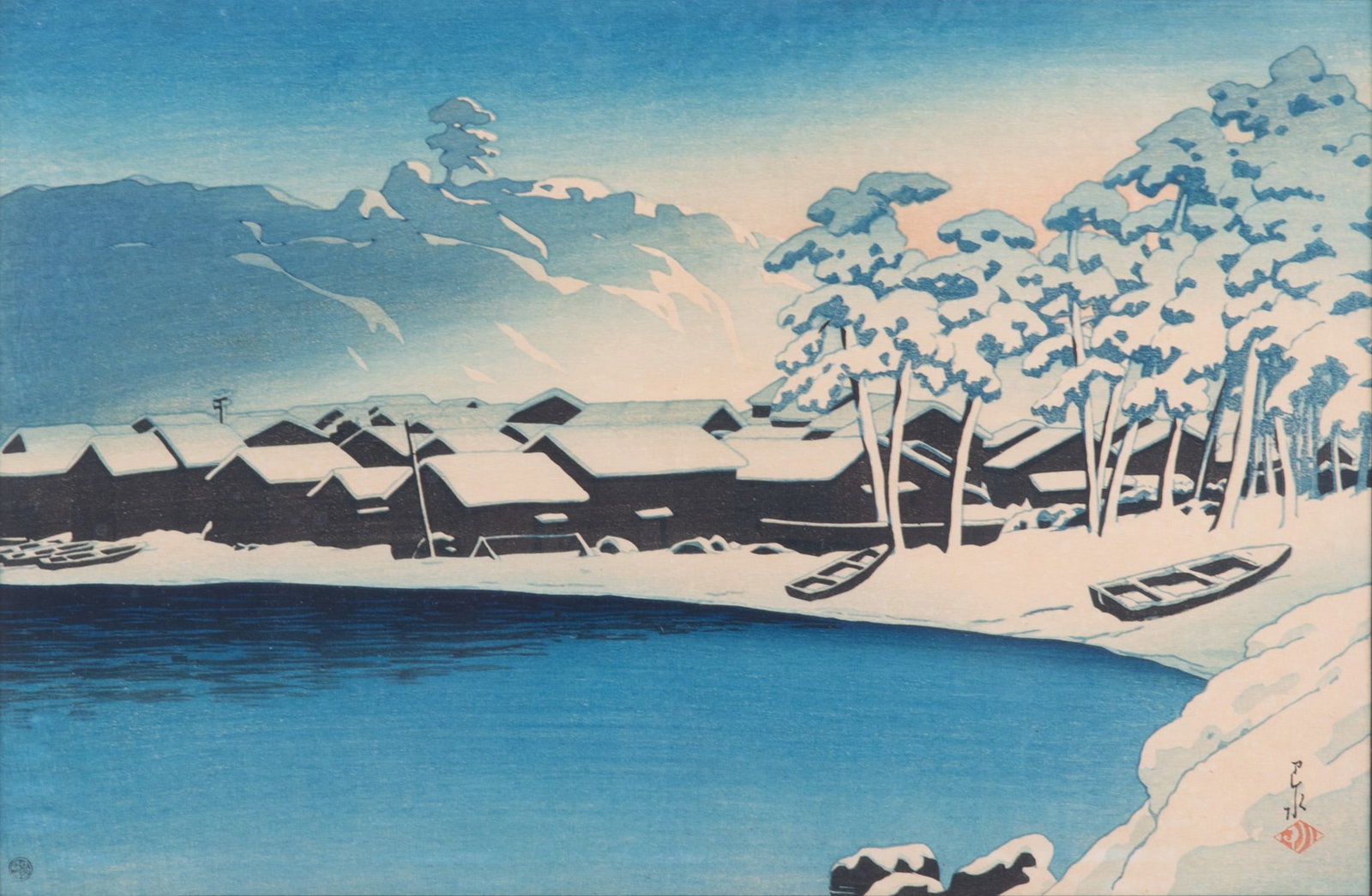 Kawase Hasui, Japan (1883-1957), Souvenirs of Travel, Second Series: Dawn Snow at the Port of Ogi,: Kawase Hasui Japan, (1883-1957) Souvenirs of Travel, Second Series: Dawn Snow at the Port of Ogi, Sado woodblock print signed, framed. 9 1/2 x 14 inches (visible); 16 3/4 x 21 3/4 inches (overall with