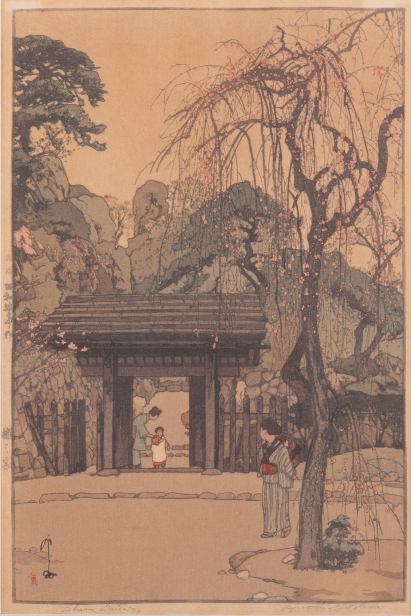 Hiroshi Yoshida, Japan (1876-1950), Plum Gateway, woodblock print: Hiroshi Yoshida Japan, (1876-1950) Plum Gateway woodblock print signed and titled in pencil, framed. 15 1/4 x 10 inches (visible); 22 x 16 incehs (overall with frame)