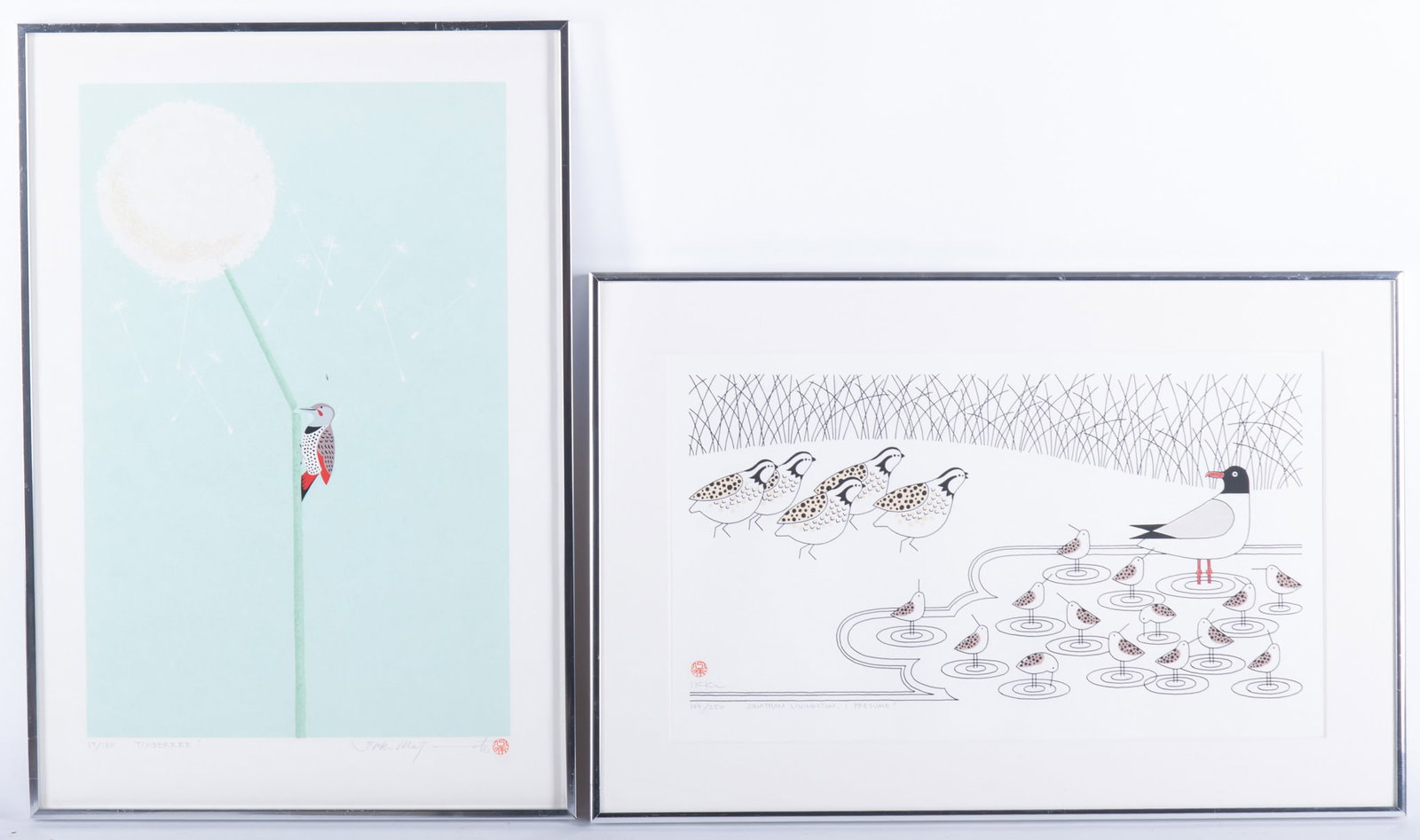 Ikki Matsumoto, Japan (b. 1935), "Timberrrr!" and "Jonathan Livingston, I Presume!", two woodblock (1 of 3)