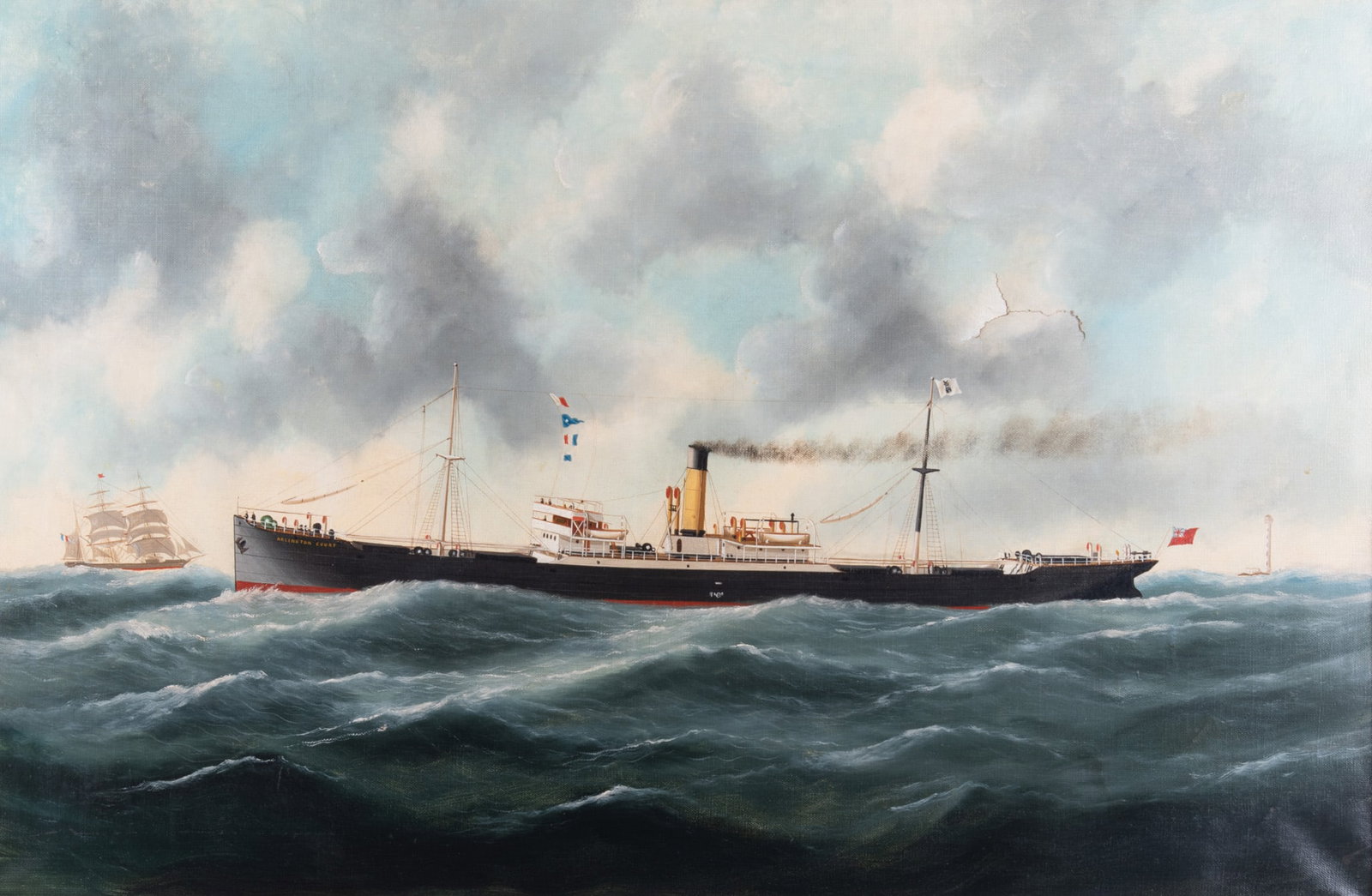 J. Adam, Steamship, oil on canvas, tear to canvas (1 of 5)