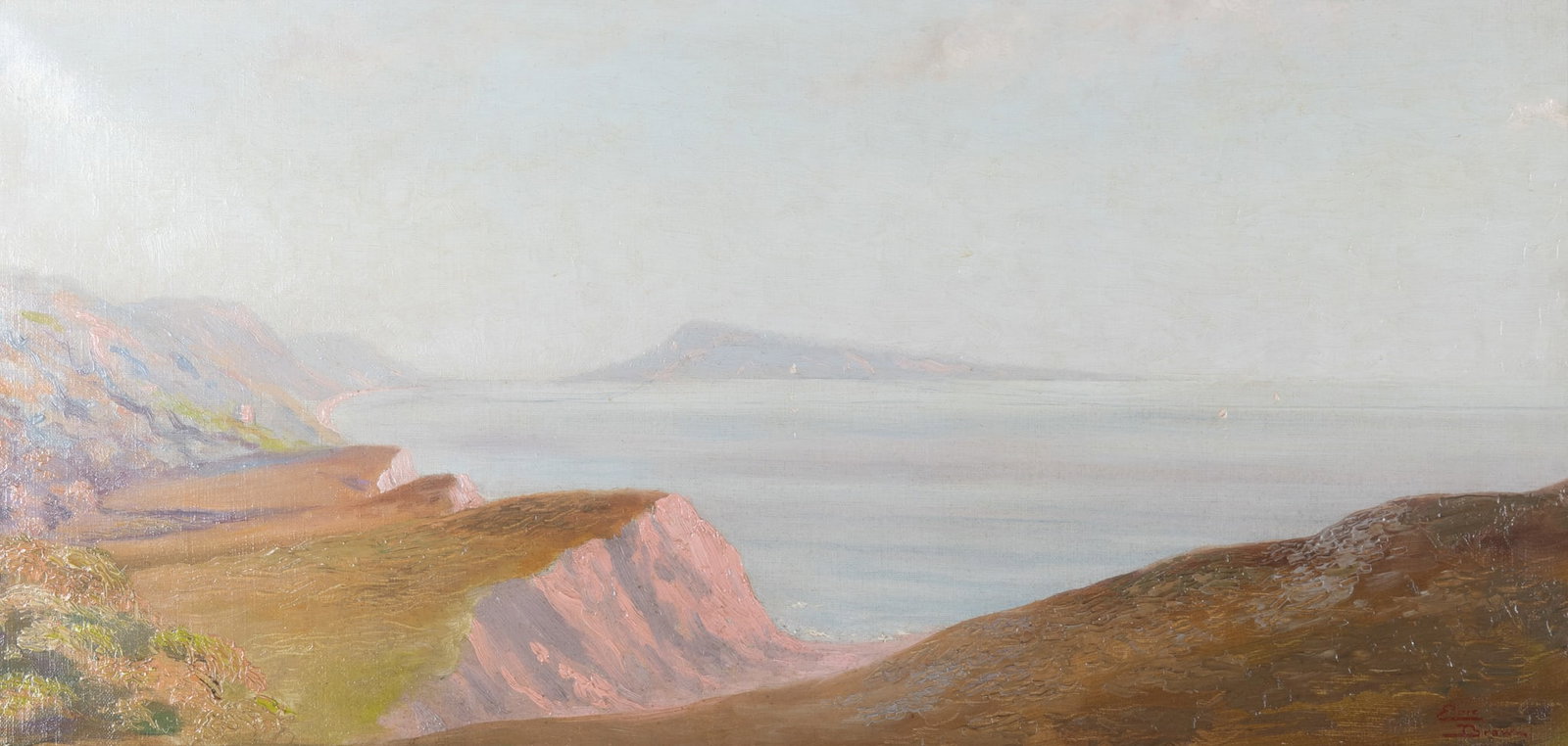 Eric Brown, British (b. 1930), Cliffs at the Shore, oil on canvas: Eric Brown British, (b. 1930) Cliffs at the Shore oil on canvas signed lower right, gilt-framed. 12 3/4 x 26 1/2 inches; 20 x 34 inches (overall with frame)