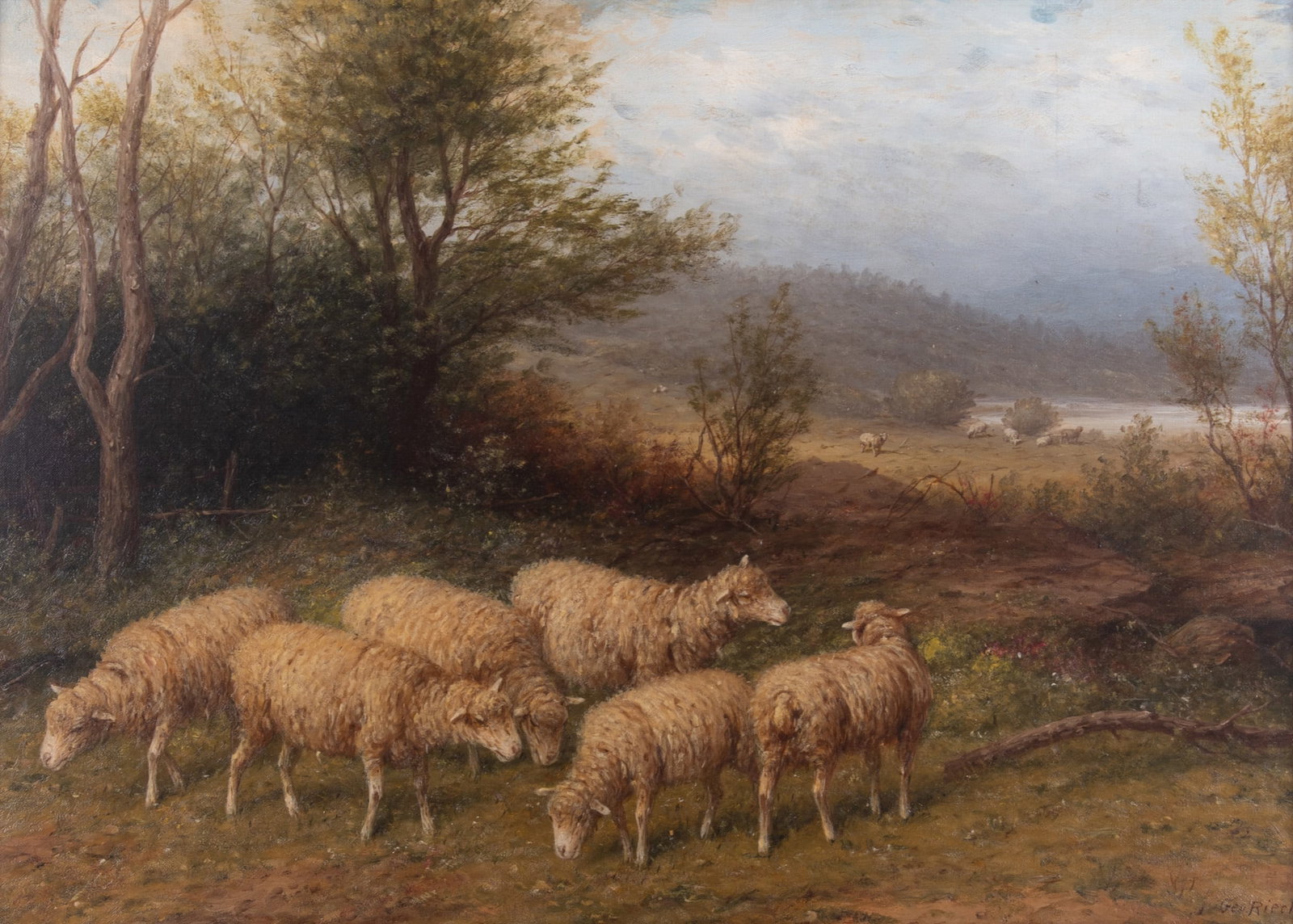 George Riecke, (1848-1930), Flock of Sheep, oil on canvas: George Riecke (1848-1930) Flock of Sheep oil on canvas signed lower right, gilt-framed. 20 x 28 inches; 26 x 34 inches (overall with frame)