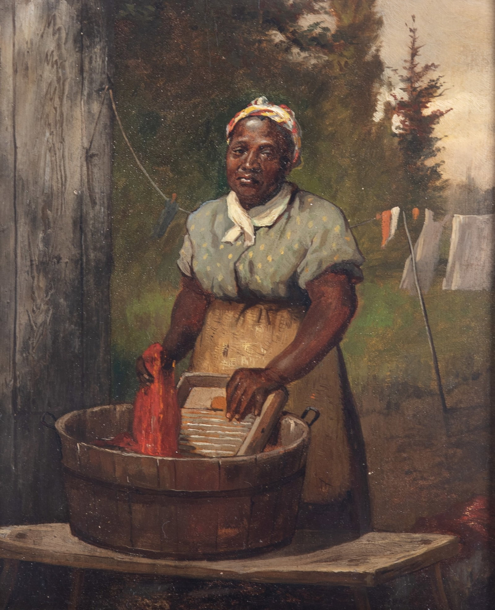 Artist Unknown, American School 19th Century, Portrait of a Woman Doing Laundry, in the style of: Artist Unknown American School, 19th Century Portrait of a Woman Doing Laundry, in the style of William Aiken Walker oil on wood panel unsigned, gilt-framed. 12 x 10 inches; 17 1/2 x 15 1/2 inches (ov
