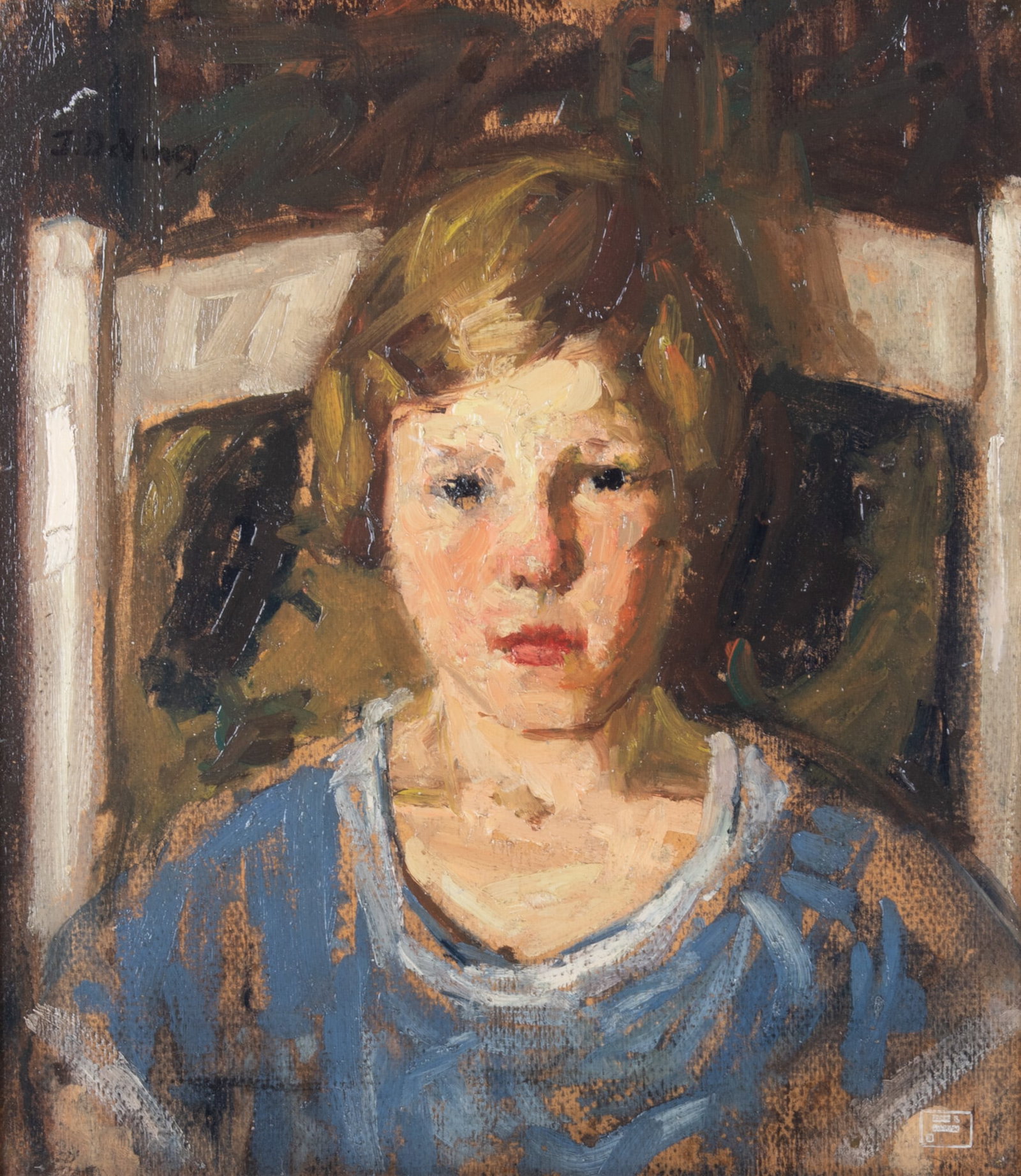 Jesse E Deviney, 1883-1941, Portrait of a Young Girl, oil on board: Jesse E Deviney 1883-1941 Portrait of a Young Girl oil on board Second portrait verso. Signature stamp lower right, Gilt Framed 18 x 16 inches; 23 1/4 x 21 1/4 inches (overall with frame)