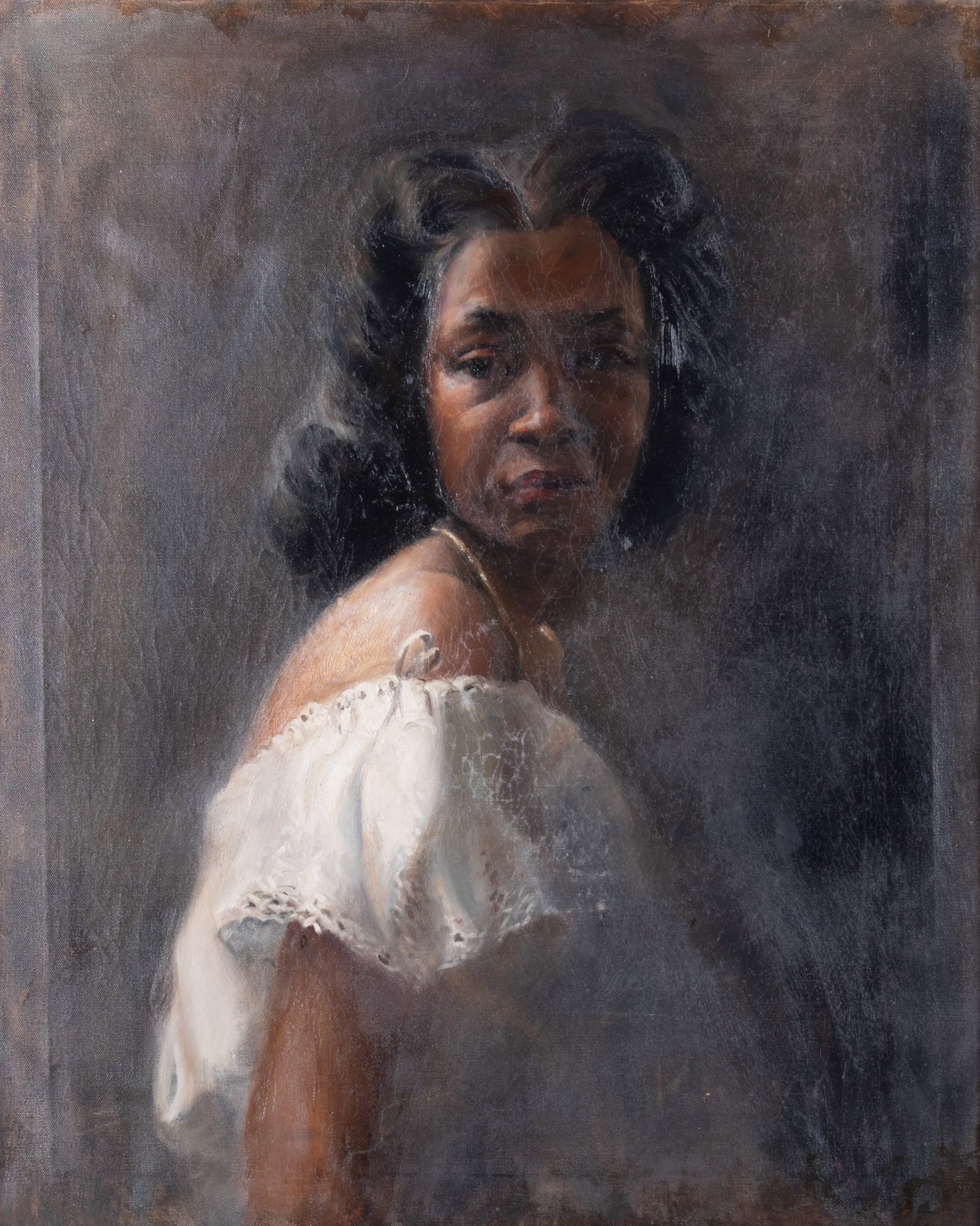 Artist Unknown, American 20th Century, Bust-Length Portrait of a Woman, oil on canvas: Artist Unknown American, 20th Century Bust-Length Portrait of a Woman oil on canvas signed indistinctly lower right, gilt-framed. 32 x 26 inches; 38 x 32 inches (overall with frame)