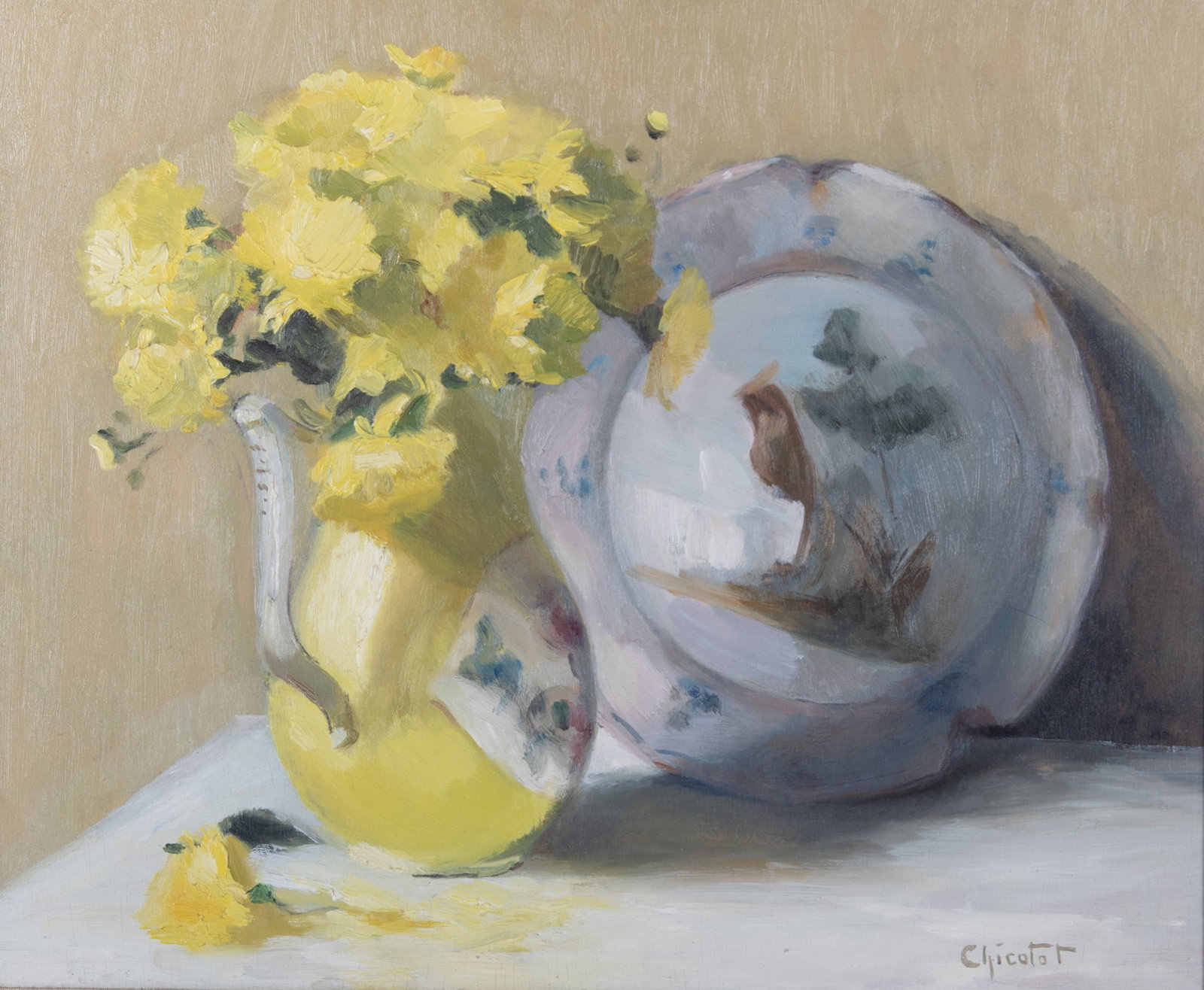 Rosette Chicotot, France (b. 1885), Still Life with Yellow Vase, oil on canvas: Rosette Chicotot France, (b. 1885) Still Life with Yellow Vase oil on canvas signed lower right, gilt-framed. 14 1/2 x 17 1/2 inches; 20 x 23 inches (overall with frame)
