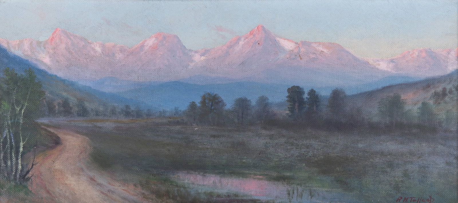 Richard H Tallant, Ohio / Colorado (1853-1934), The Range at Sunrise, Estes Park, CO, circa 1911,: Richard H Tallant Ohio / Colorado, (1853-1934) The Range at Sunrise, Estes Park, CO, circa 1911 oil on board signed lower right, gilt-framed. 24.5" x 13" (frame included)