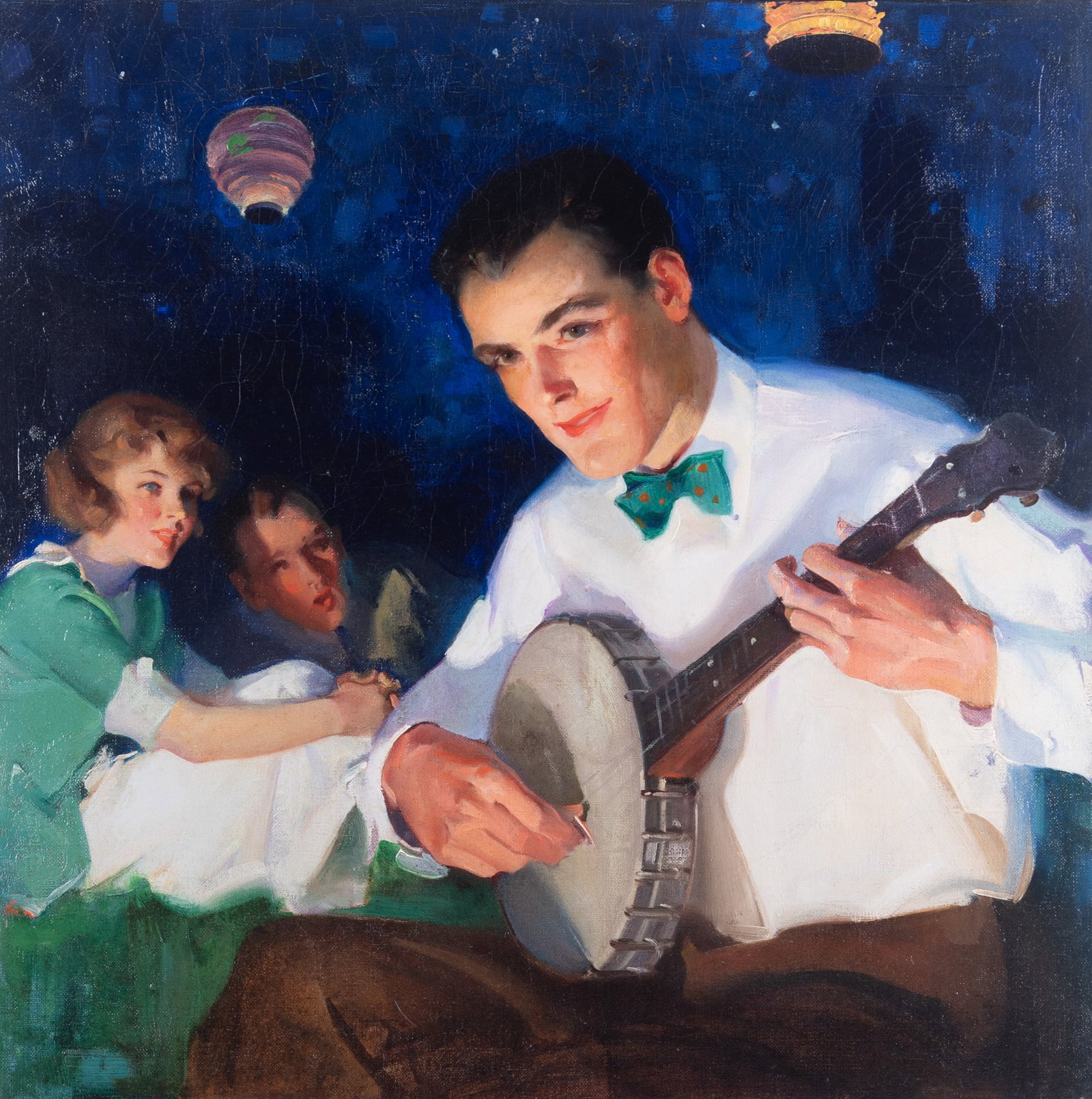 Haddon Hubbard Sundblom, (1899-1976), Illustration of a Man Playing a Banjo to an Audience in the: Haddon Hubbard Sundblom (1899-1976) Illustration of a Man Playing a Banjo to an Audience in the Starlight oil on canvas, lined unsigned, unframed. 21 1/4 x 21 1/4 inches