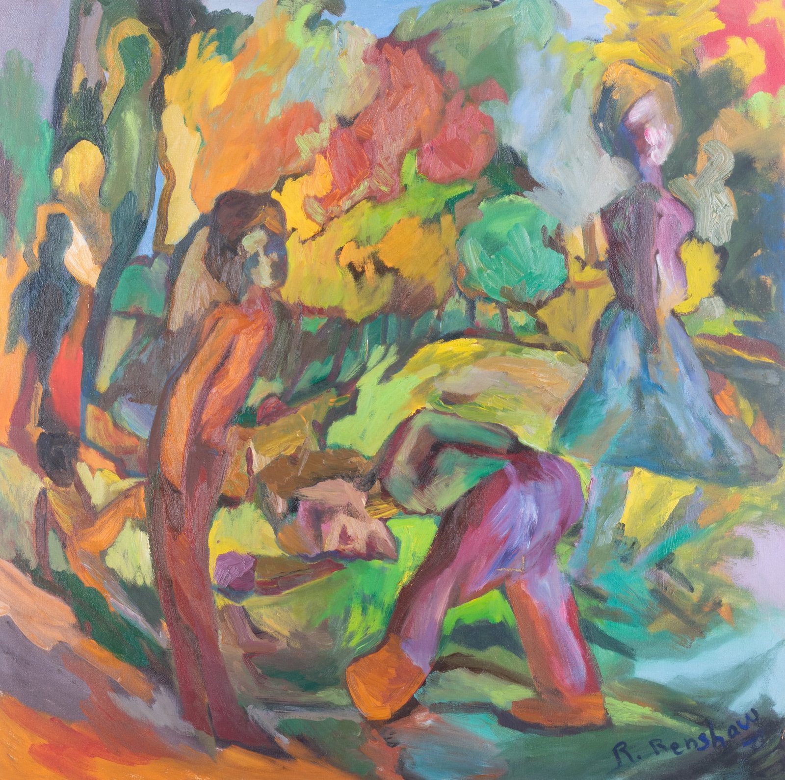 R. Renshaw, 20th Century, Fauvist Composition Showing Figures in a Landscape, oil on canvas (1 of 4)