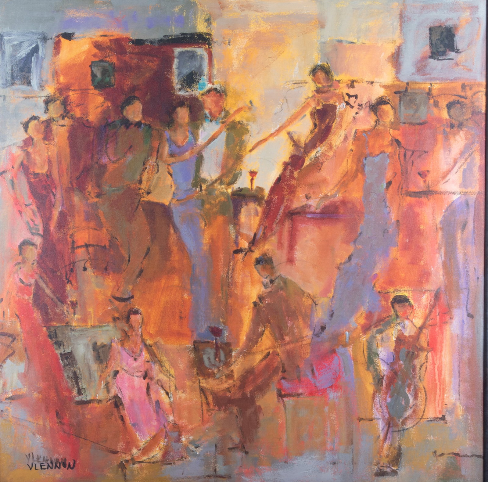 Valerie Lennon, Georgia 20th Century, Abstract Scene of a Concert with Dancers, oil on canvas: Valerie Lennon Georgia, 20th Century Abstract Scene of a Concert with Dancers oil on canvas signed lower left, framed. 41 1/2 x 41 1/2 inches; 46 x 46 inches (overall with frame)
