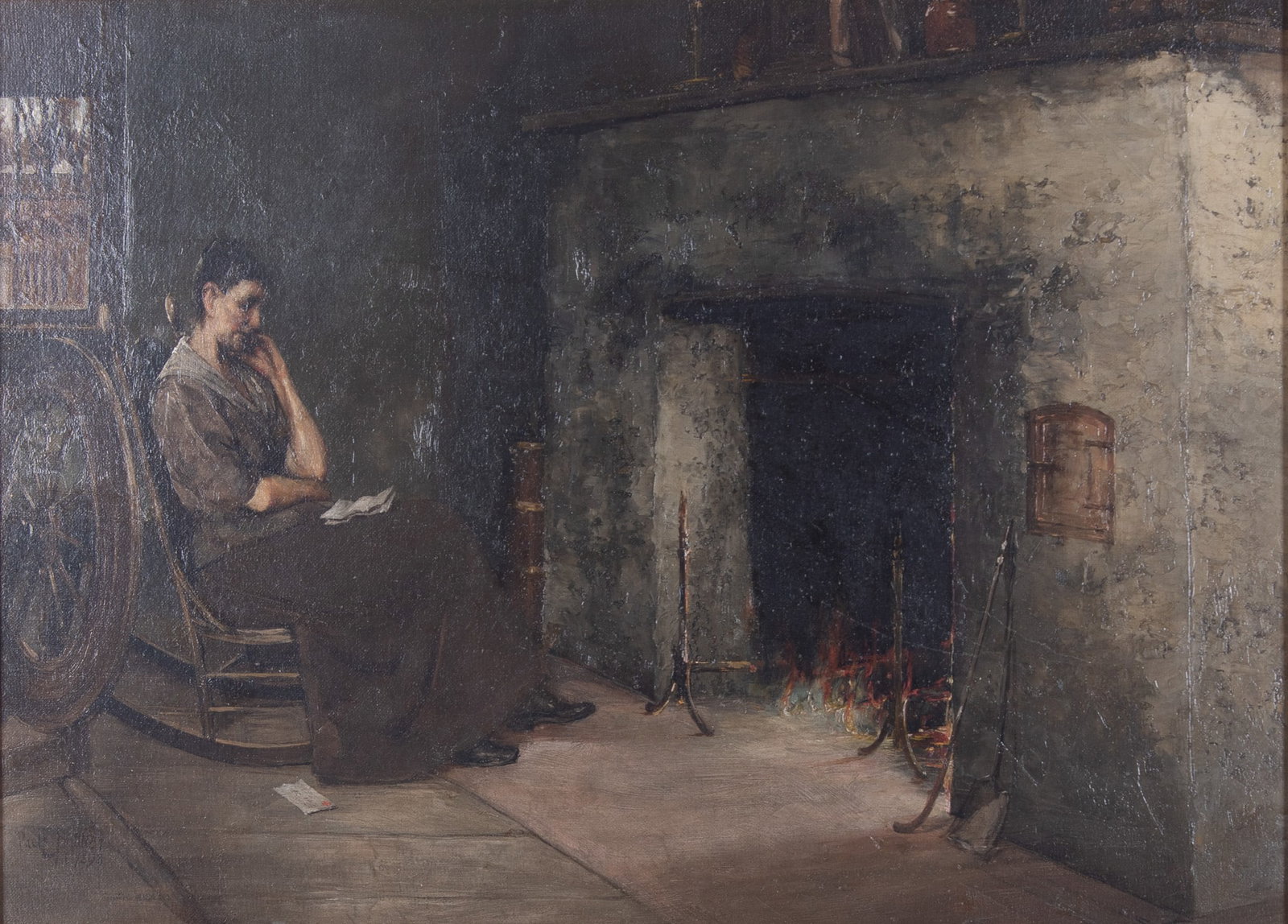 Paul E. Harney, Missouri (1850-1915), Woman Seated by a Hearth, 1898, oil on canvas: Paul E. Harney Missouri, (1850-1915) Woman Seated by a Hearth, 1898 oil on canvas signed and dated lower left, framed. 16 x 22 inches; 22 x 28 inches (overall with frame)