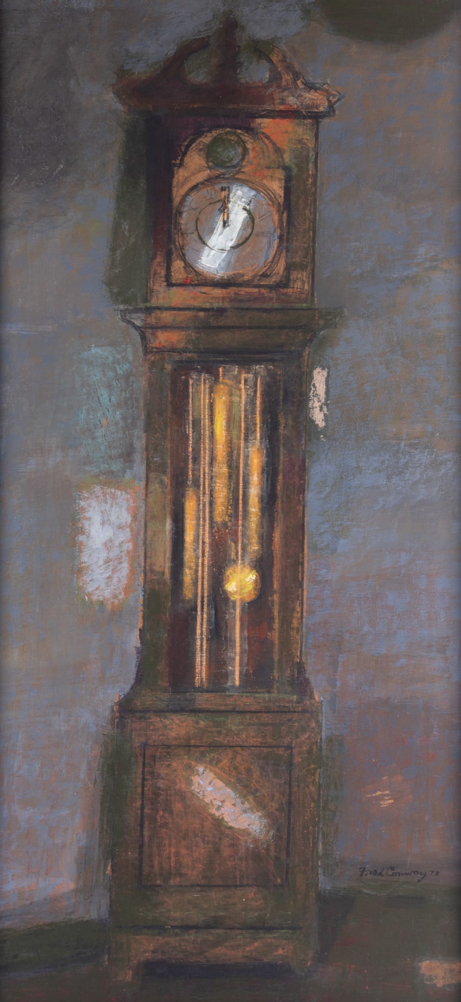 Fred Conway, Missouri (1900-1973), Grandfather Clock, 72, acrylic on masonite: Fred Conway Missouri, (1900-1973) Grandfather Clock, 72 acrylic on masonite Signed lower right, Framed. Title on verso 48 x 25 inches;49 1/4 x 27 1/4 inches (overall with frame)