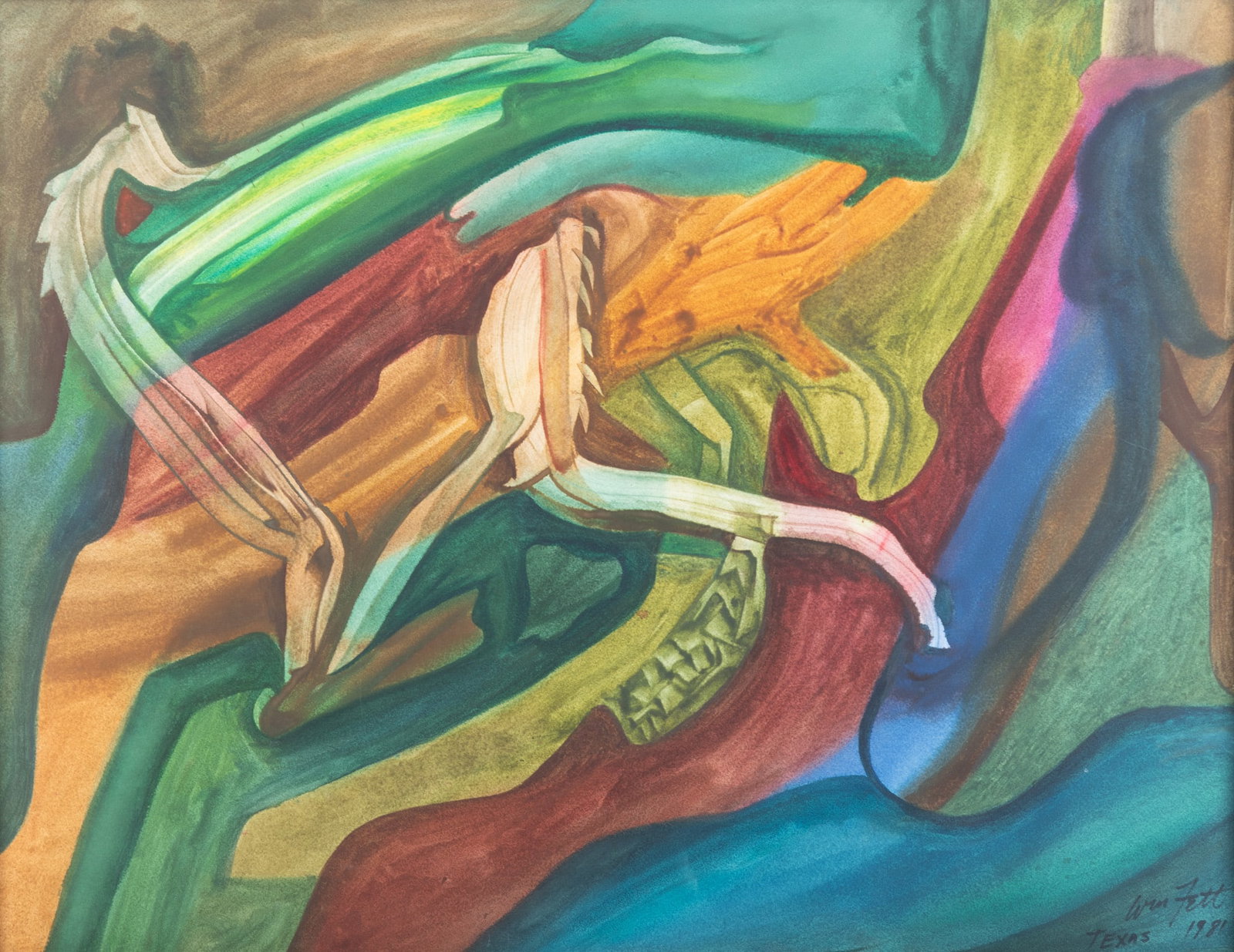 William Frederick Fett, Missouri, Michigan / Mexico (1918-2006), Texas, 1981, watercolor: William Frederick Fett Missouri, Michigan / Mexico, (1918-2006) Texas, 1981 watercolor Signed lower right, titled and dated. Framed. 21 3/4 x 28 1/2 inches (visible); 24 x 30 3/4 inches (overall with 