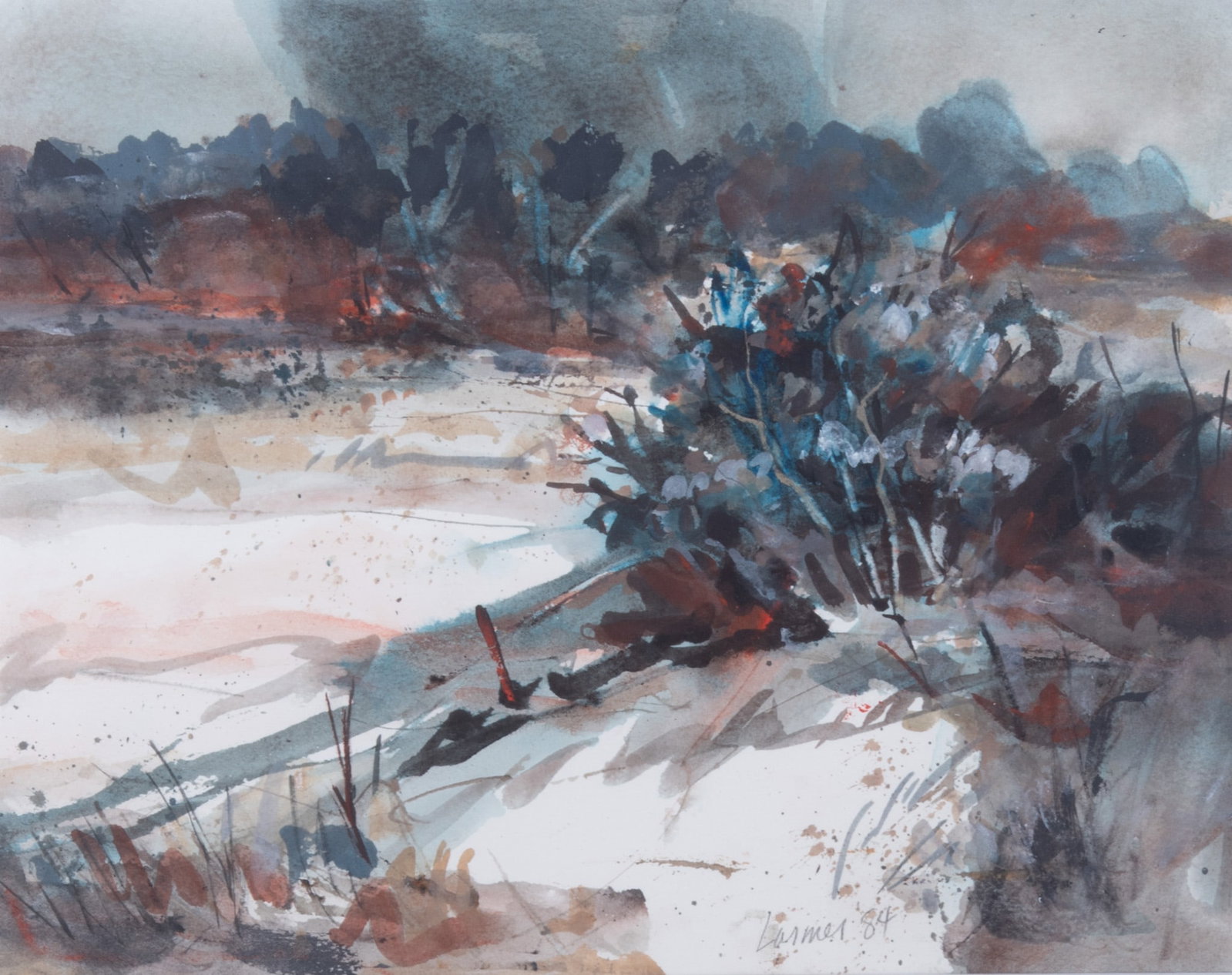 Oscar Larmer, Kansas (1924-2024), Landscape with Threatening Sky, 1984, watercolor: Oscar Larmer Kansas, (1924-2024) Landscape with Threatening Sky, 1984 watercolor signed and dated lower right, framed. 10 1/2 x 13 1/4 inches; 19 x 21 1/2 inches (overall with frame)