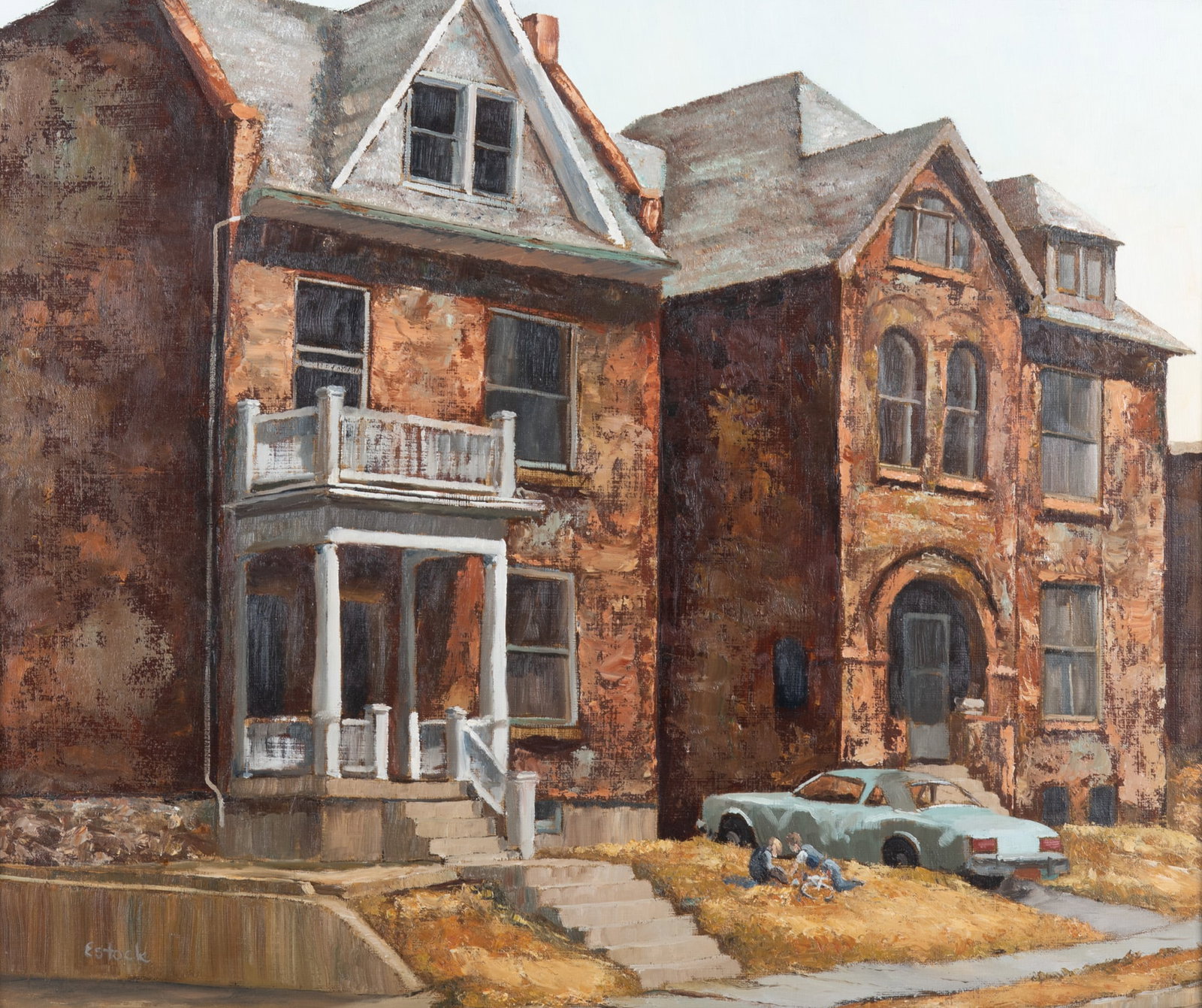 Harry Estock, St. Louis (1919-2006), Soulard, oil on board: Harry Estock St. Louis, (1919-2006) Soulard oil on board Signed lower left, Framed. Verso attached COA from VB Gallery noting 1st prize Des Peres 1981. 20 x 24 inches; 25 1/4 x 29 1/4 inches (overall 