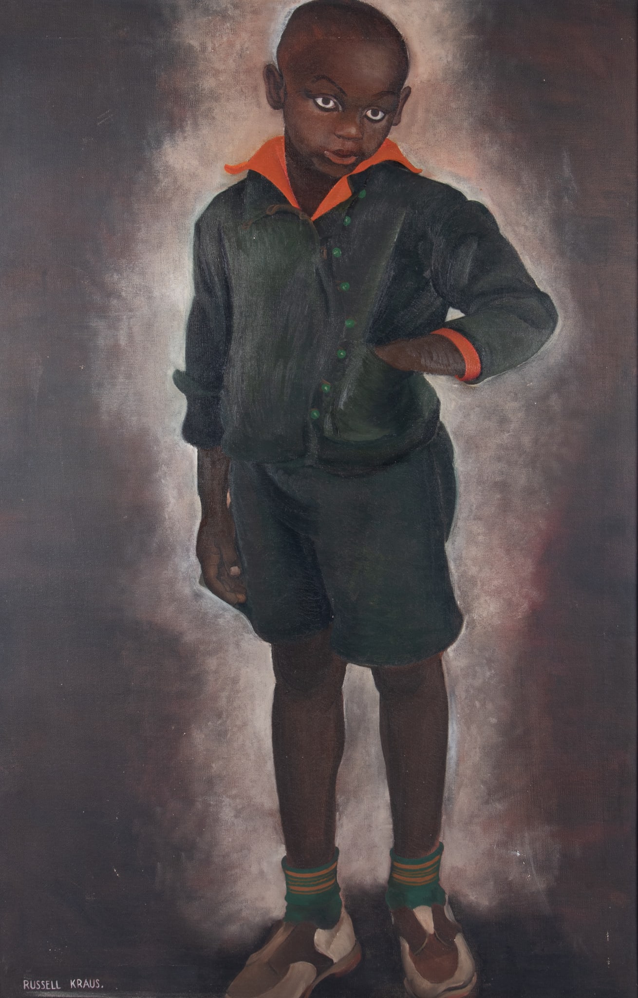 Russell Kraus, St. Louis (1918-2009), Full-Length Portrait of a Little Boy, oil on canvas: Russell Kraus St. Louis, (1918-2009) Full-Length Portrait of a Little Boy oil on canvas signed lower left, framed. 38 x 25 inches; 42 1/2 x 29 1/2 inches (overall with frame)
