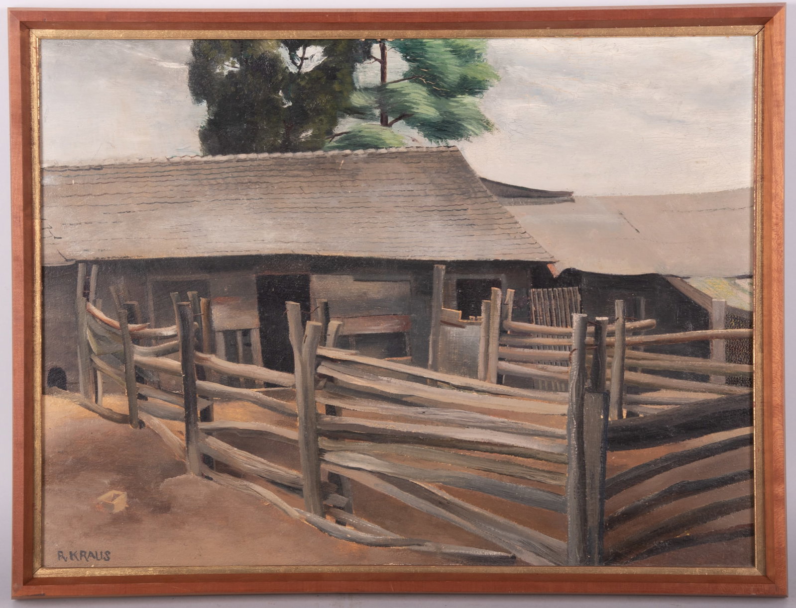 Russell Kraus, St. Louis (1918-2009), The Old Barn, oil on wood panel: Russell Kraus St. Louis, (1918-2009) The Old Barn oil on wood panel signed lower right, with title verso, framed. 17 1/4 x 23 1/4 inches; overall with frame: 19 x 25 inches