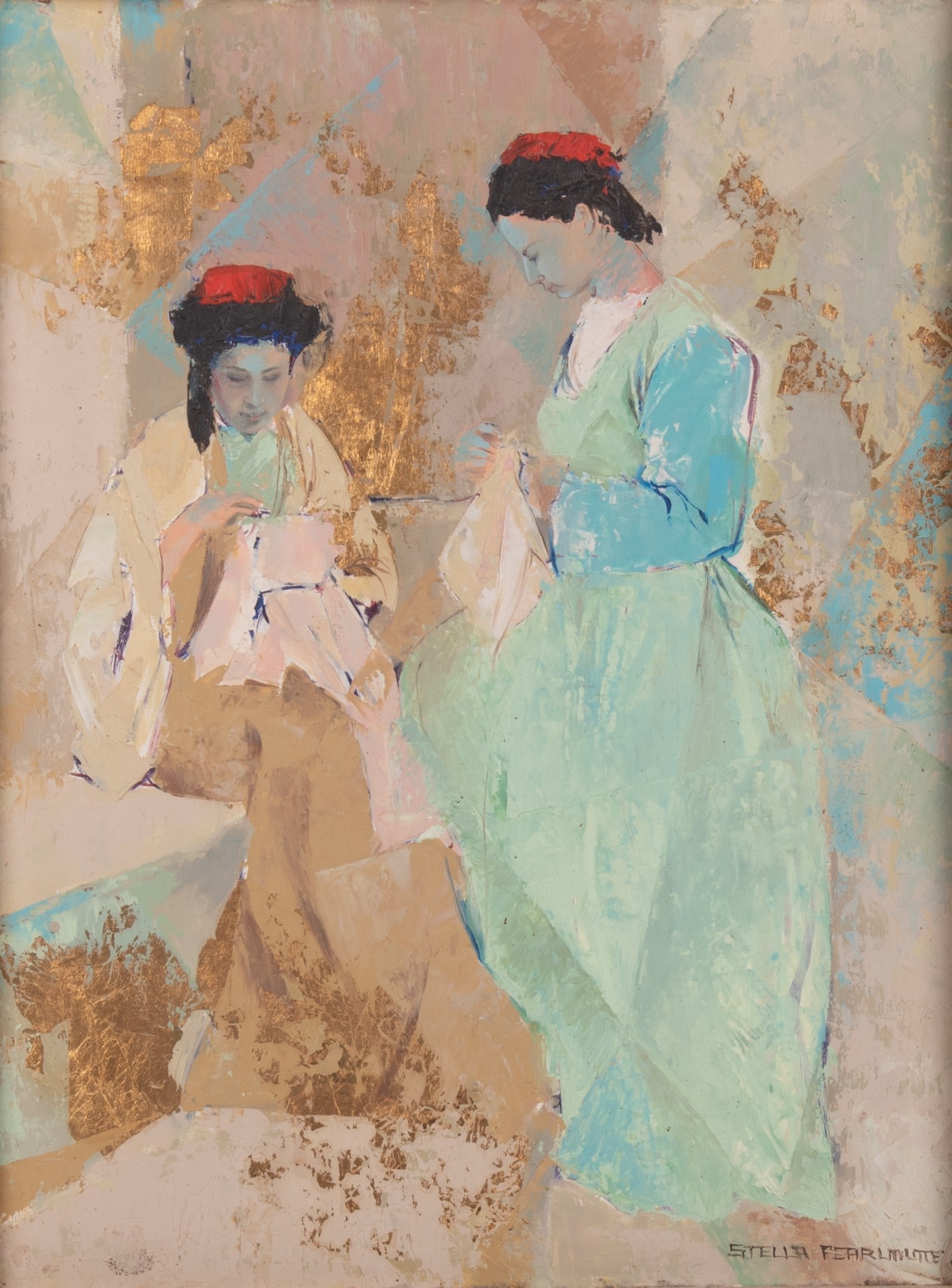 Stella Pearlmutter, Missouri (1912-1993), Women in an Interior, oil on masonite with goldleaf: Stella Pearlmutter Missouri, (1912-1993) Women in an Interior oil on masonite with goldleaf signed lower right, framed. 15 1/2 x 11 3/4 inches; 22 3/4 x 19 1/4 inches (overall with frame)