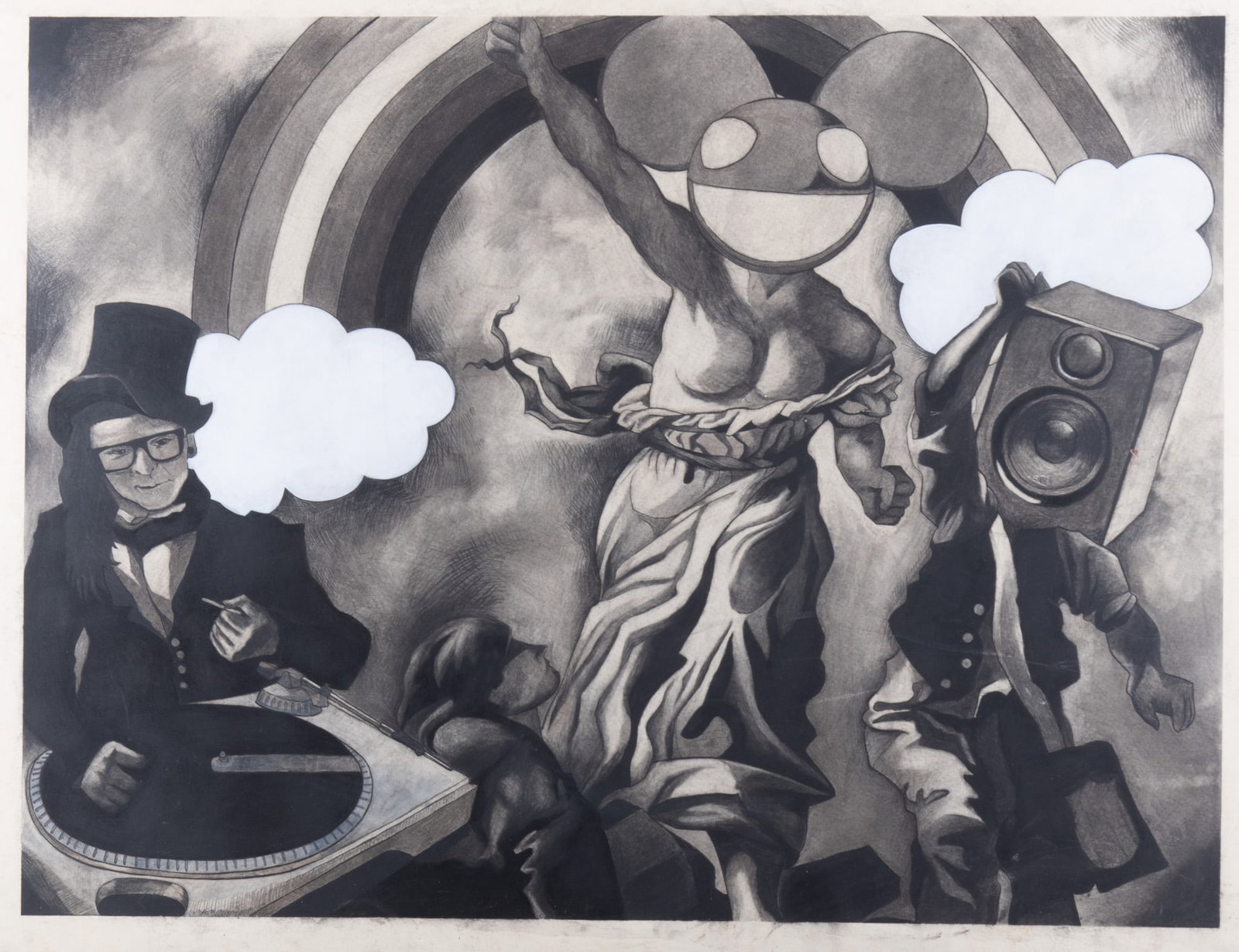 Artist Unknown, 21st Century, After Delacroix, Liberty Leading the People, mixed media with charcoal: Artist Unknown 21st Century After Delacroix, Liberty Leading the People mixed media with charcoal and gouache on paper unsigned, framed. Here, the central figure is replaced by the character Deadmau5.
